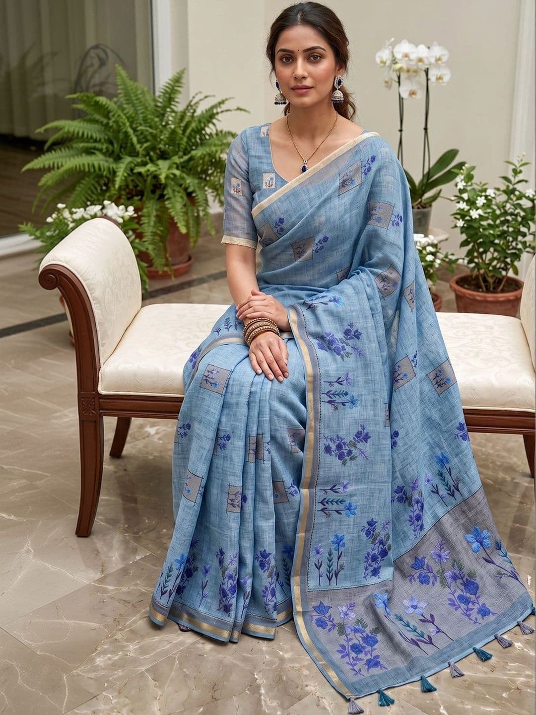 Mitera Floral Linen Blend Tussar Saree thumbnail 2