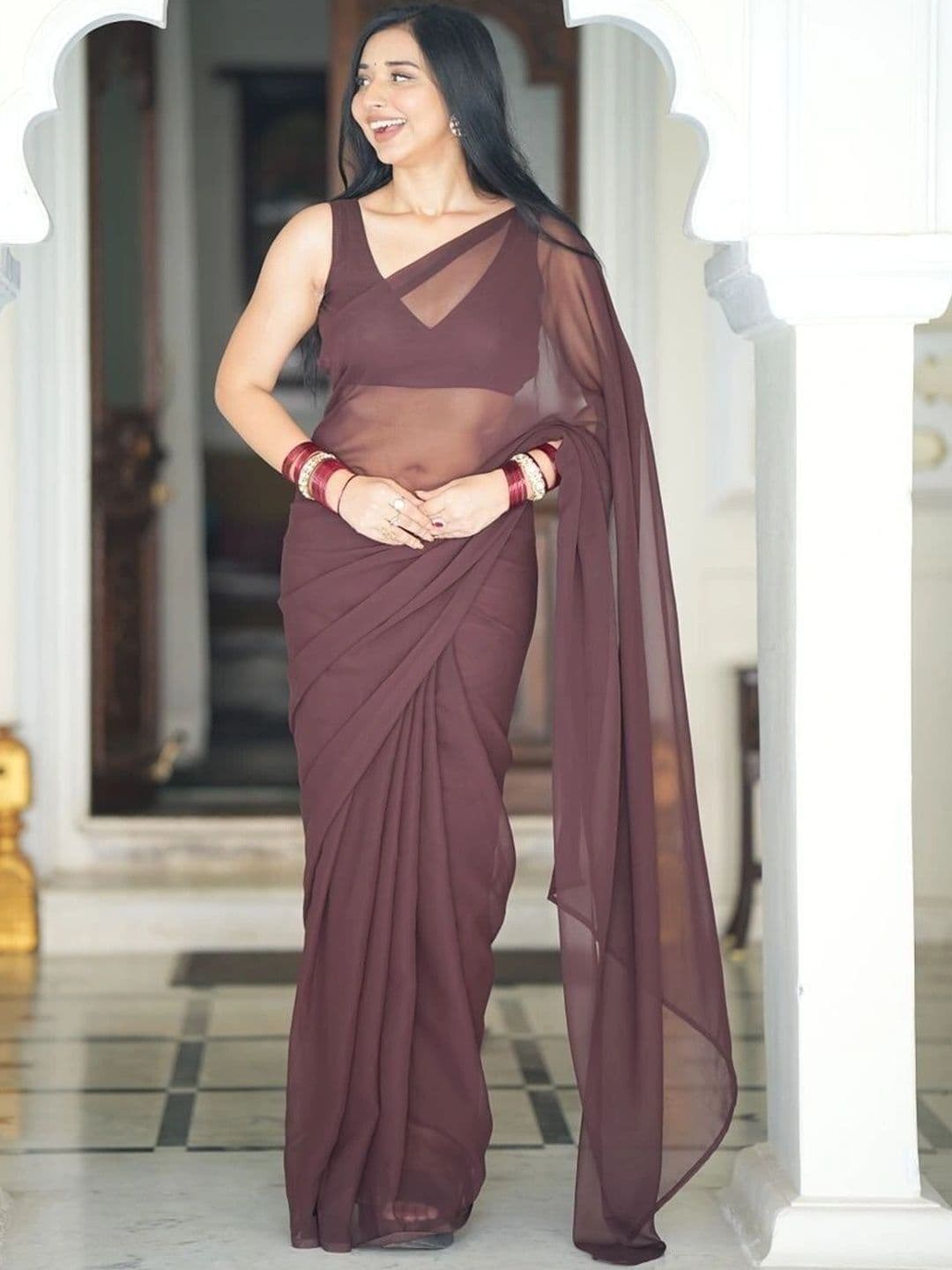 Sangria Poly Georgette Designer Maheshwari Saree thumbnail 5