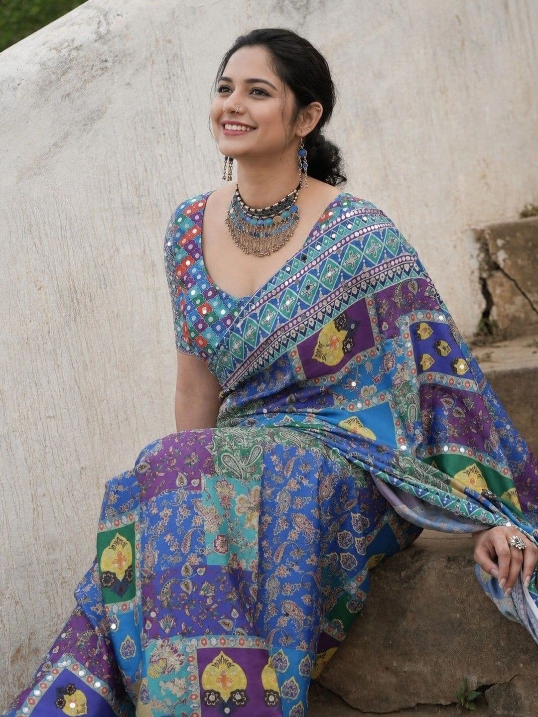 Sangria Ajrak Block Mirror Work Poly Chiffon Patola Saree thumbnail 7