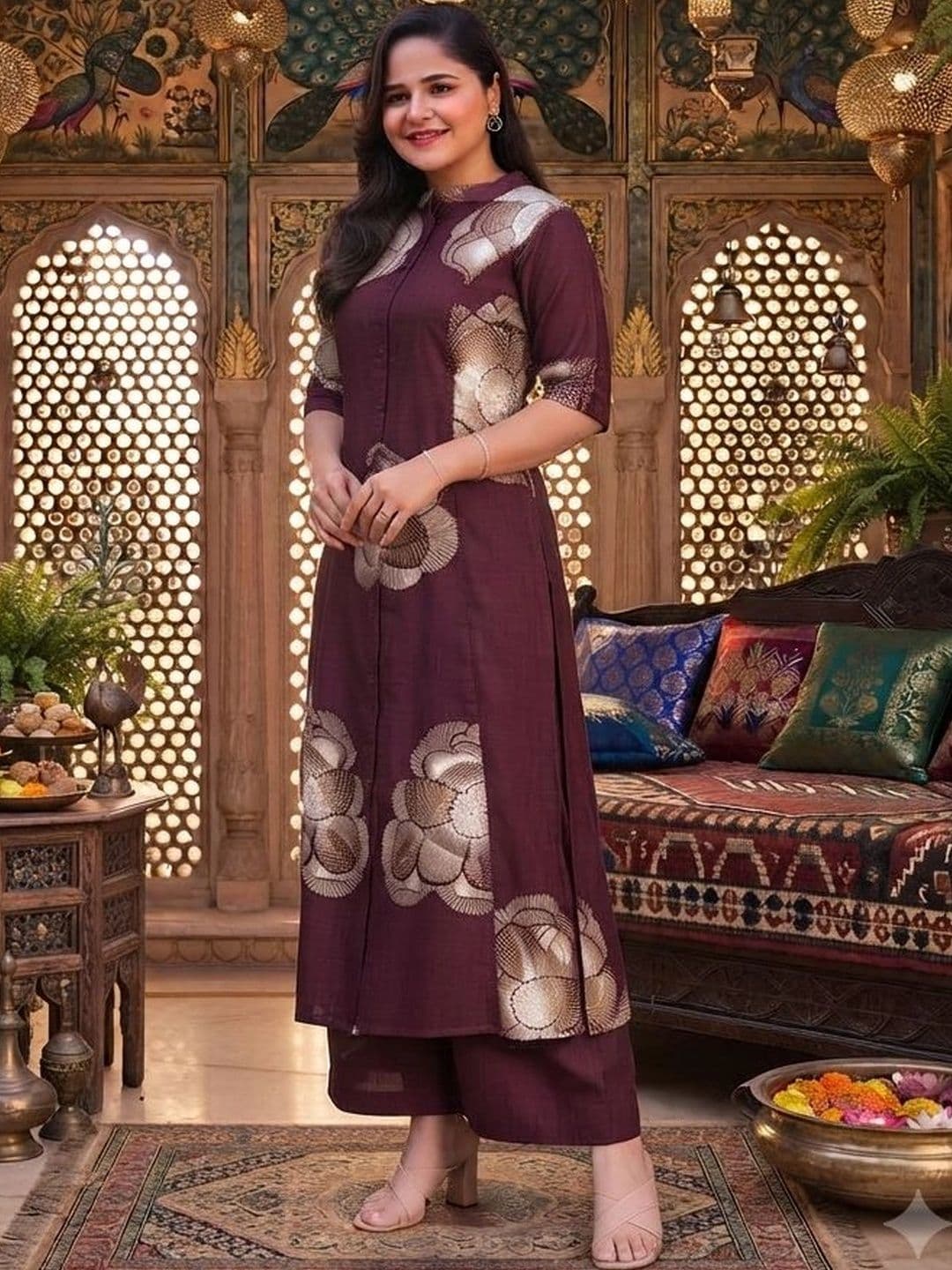 Subh LAXMI Women Floral Printed Regular Pure Cotton Kurta with Palazzos thumbnail 2