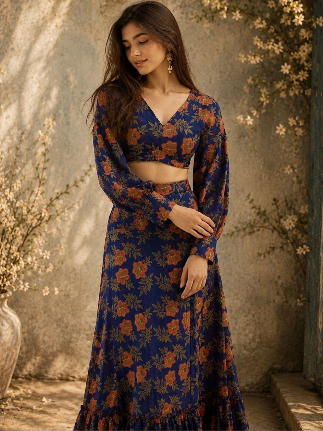 indo street Women Floral Printed Top with Skirt thumbnail 2