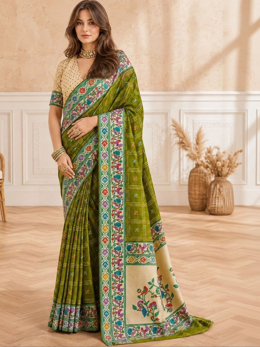 all about you Ethnic Motifs Zari Silk Blend Designer Paithani Saree - view 1