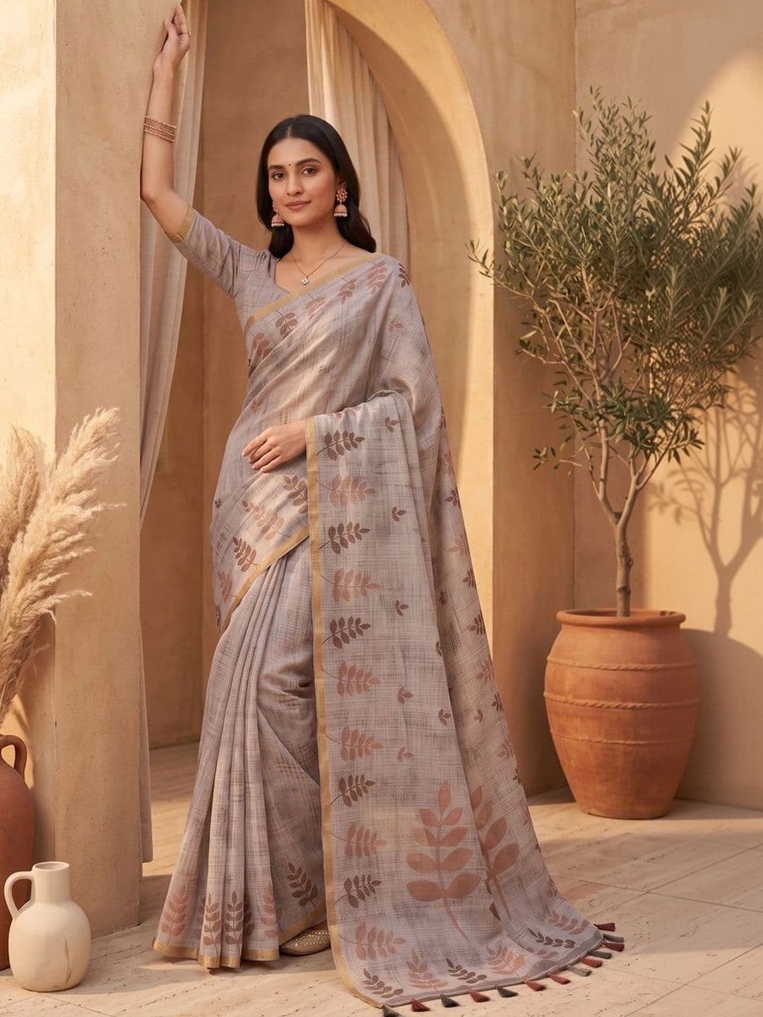 Mitera Floral Linen Blend Tussar Saree - view 1
