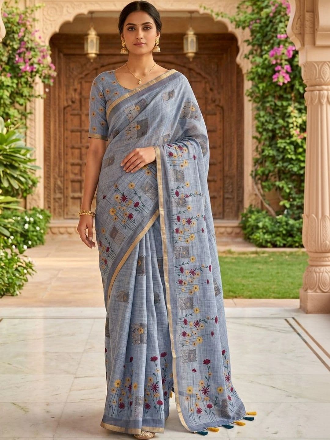 Mitera Floral Linen Blend Tussar Saree - view 1