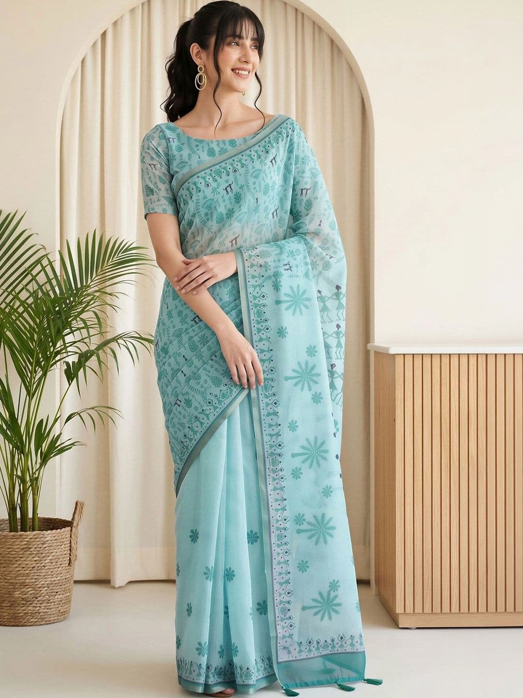Sangria Warli Linen Blend Designer Block Print Saree - view 1