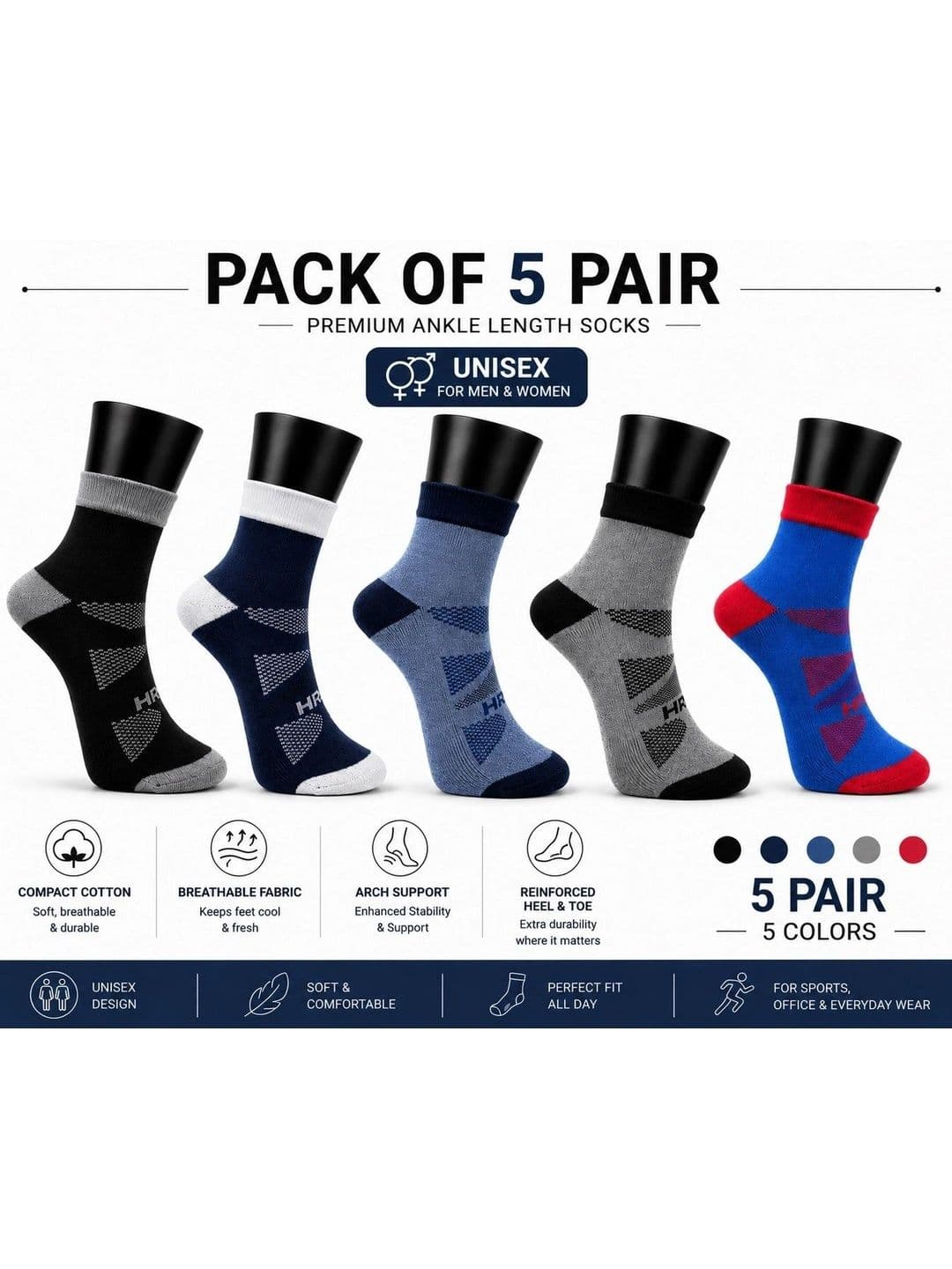 HRX by Hrithik Roshan Unisex Pack of 5 Cotton Blend Assorted Patterned Ankle Length Socks - view 1