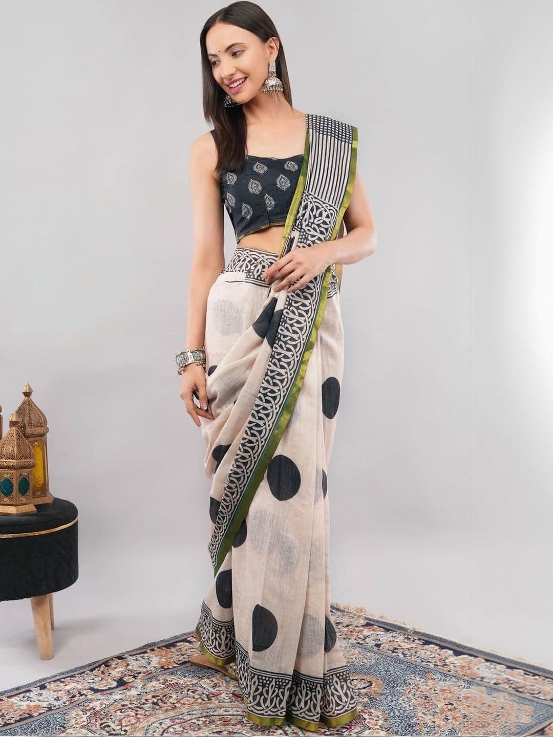 SAMANTHA Polka Dot Linen Blend Belted Saree - view 1