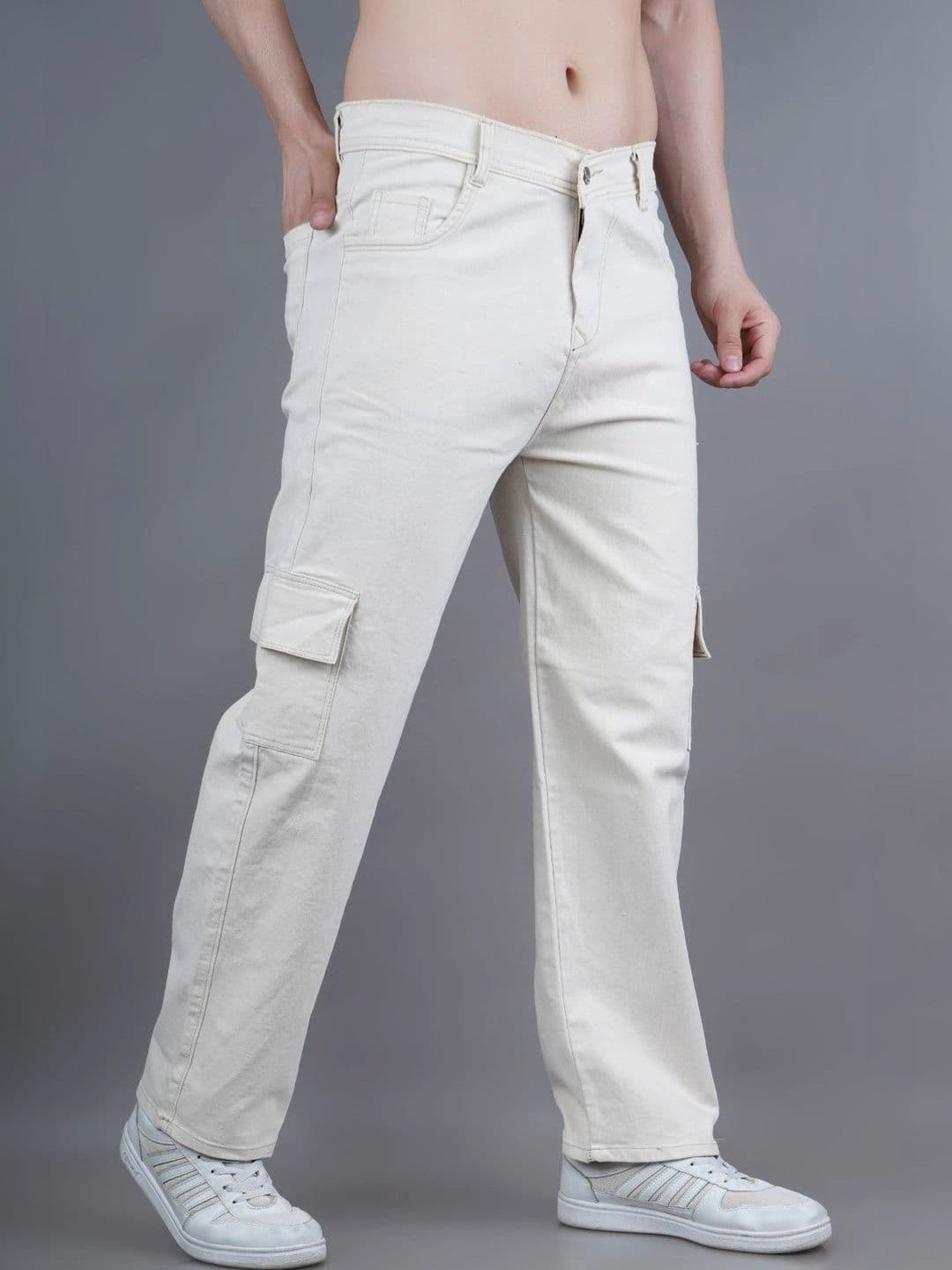 HERE&NOW Men's Beige Mid-Rise Cargo Relaxed Straight Jeans thumbnail 2