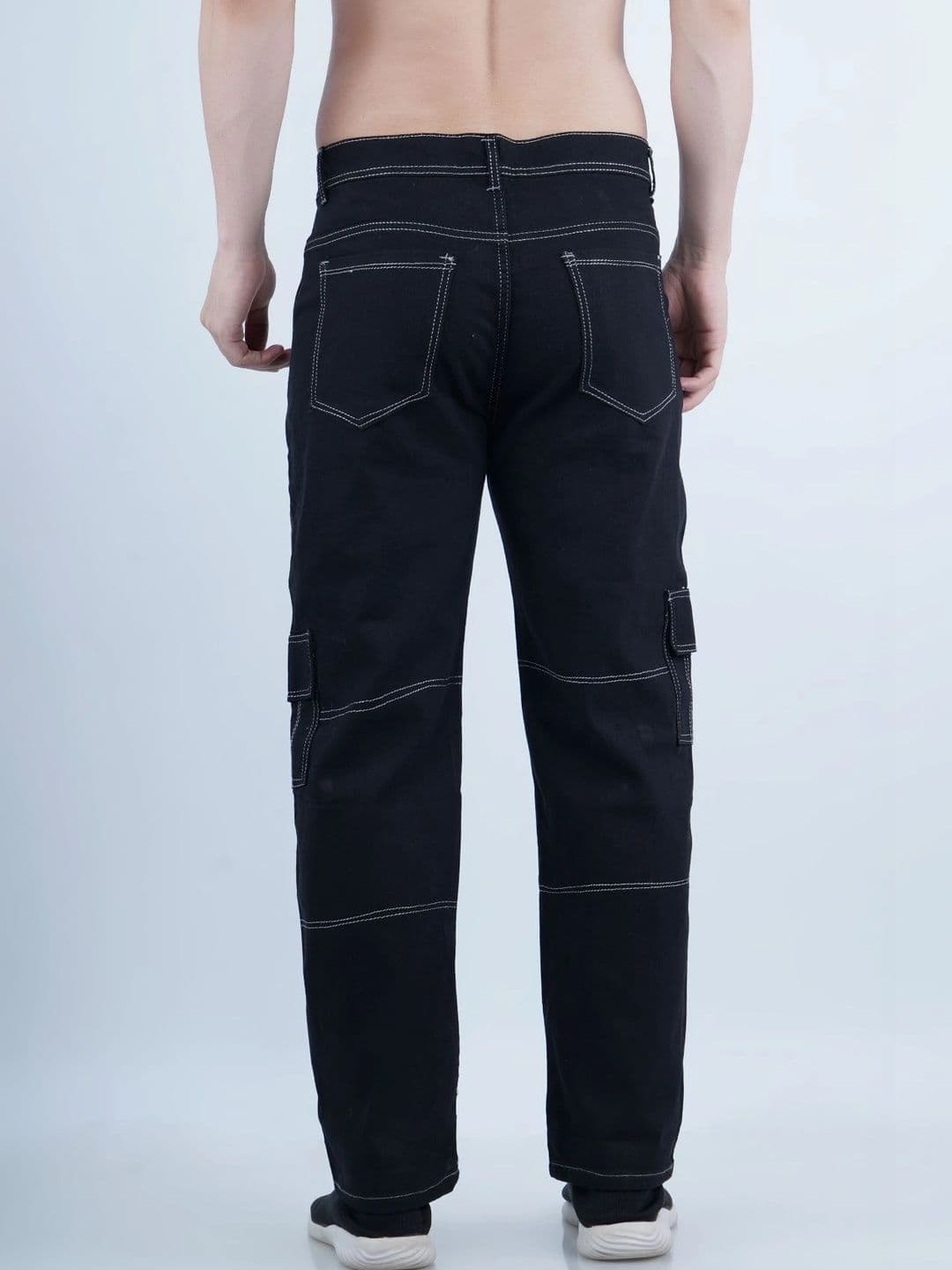 HERE&NOW Men's Jet Black Contrast-Stitched Panelled Cargo Relaxed Fit Mid-Rise Jeans thumbnail 3