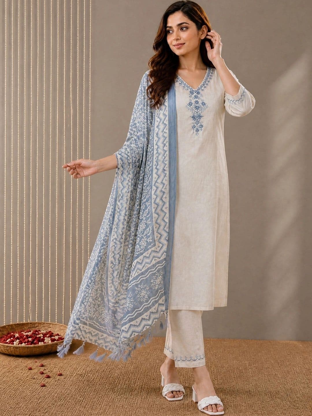 Anouk Mirage Women Ethnic Motifs Embroidered Pure Cotton Kurta with Trousers With Dupatta thumbnail 3