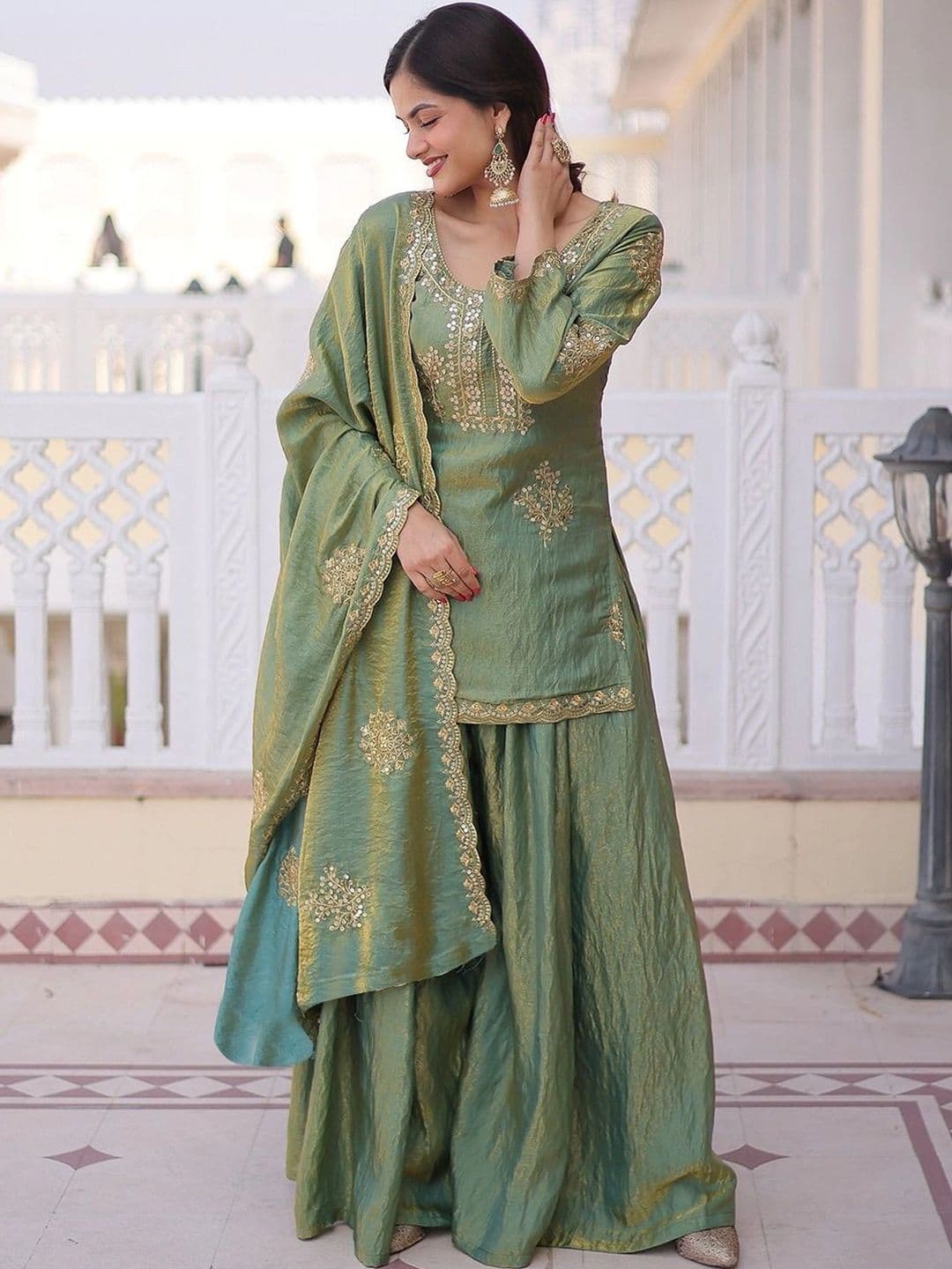 KALINI Ethnic Motifs Embroidered Dupion Silk Straight Kurta with Sharara & Dupatta thumbnail 6