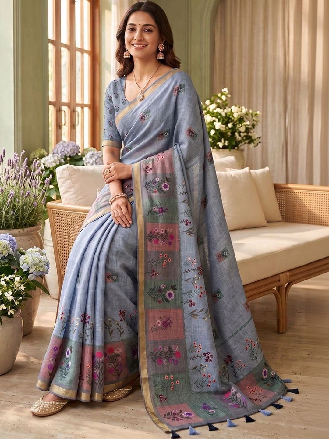 Mitera Floral Linen Blend Tussar Saree thumbnail 2
