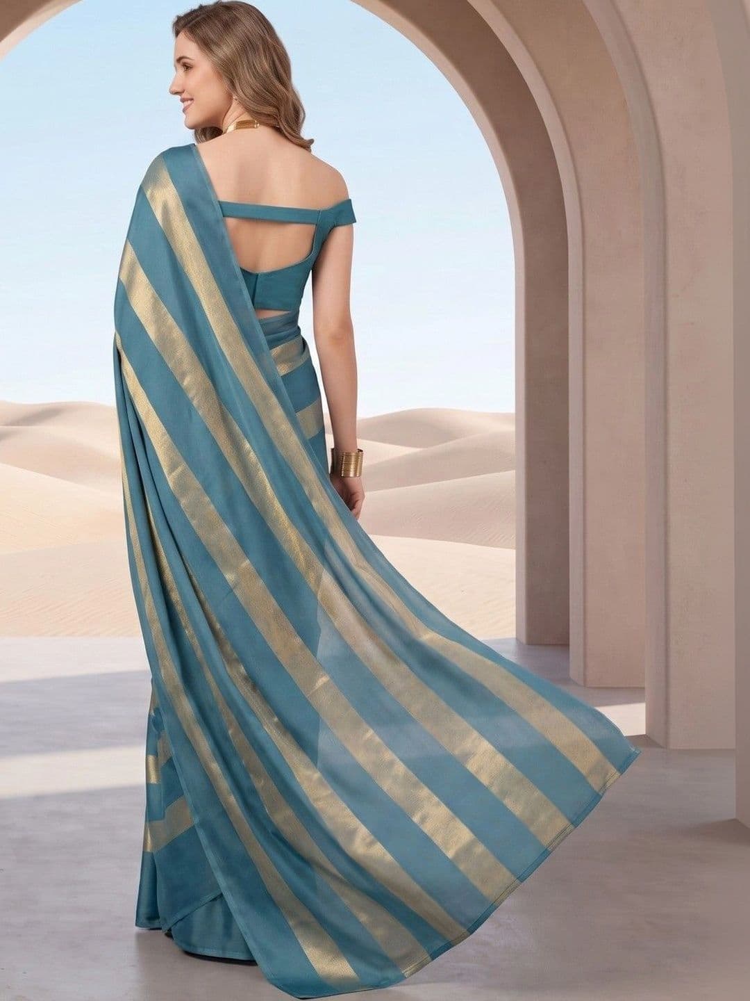 House of Vived Striped Zari Silk Blend Designer Saree thumbnail 4