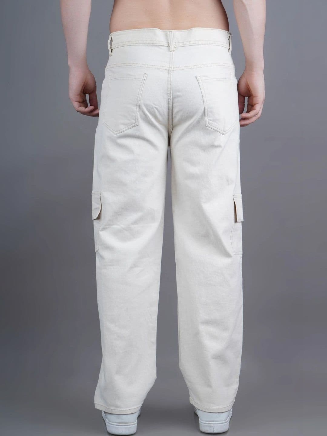 HERE&NOW Men's Beige Washed Cargo Contrast-Stitched Relaxed Straight Fit Jeans thumbnail 2