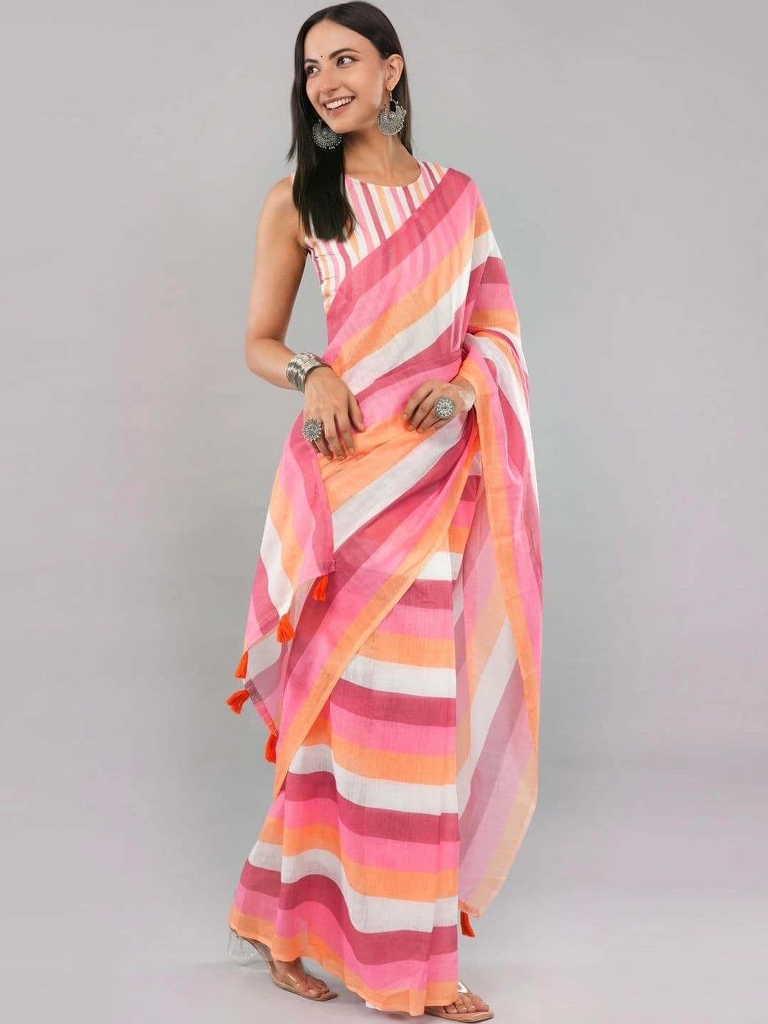 SAMANTHA Striped Linen Blend Belted Saree - view 1