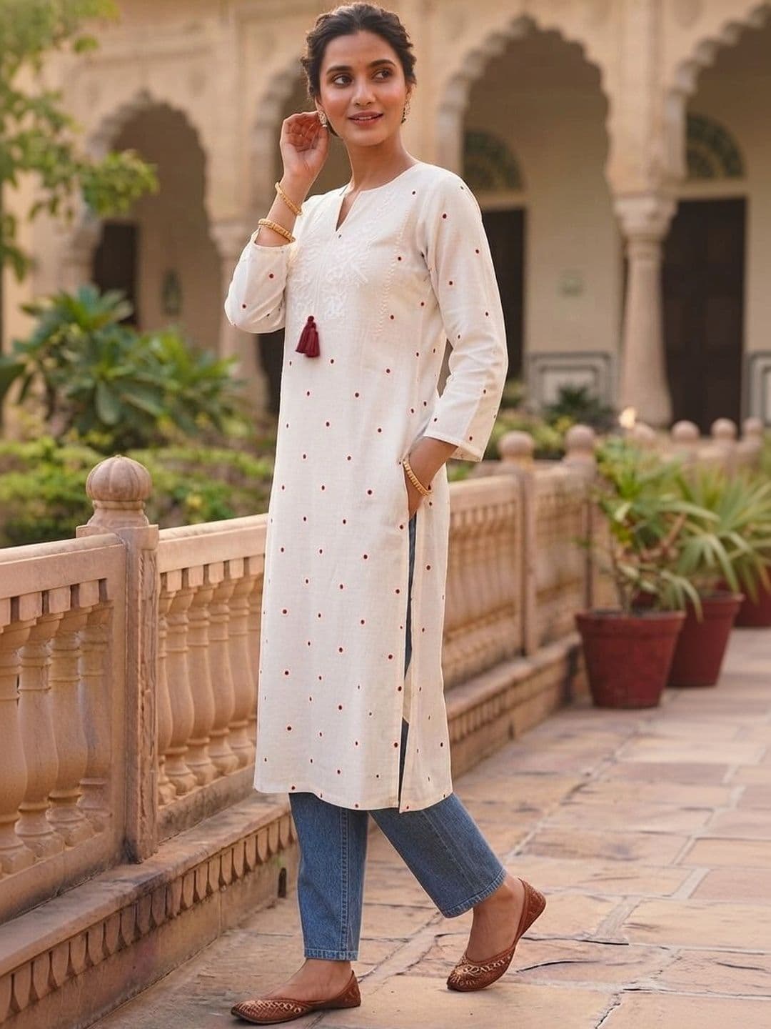 RR SA KURTIS Women Polka Dot Printed Thread Work Kurta thumbnail 6