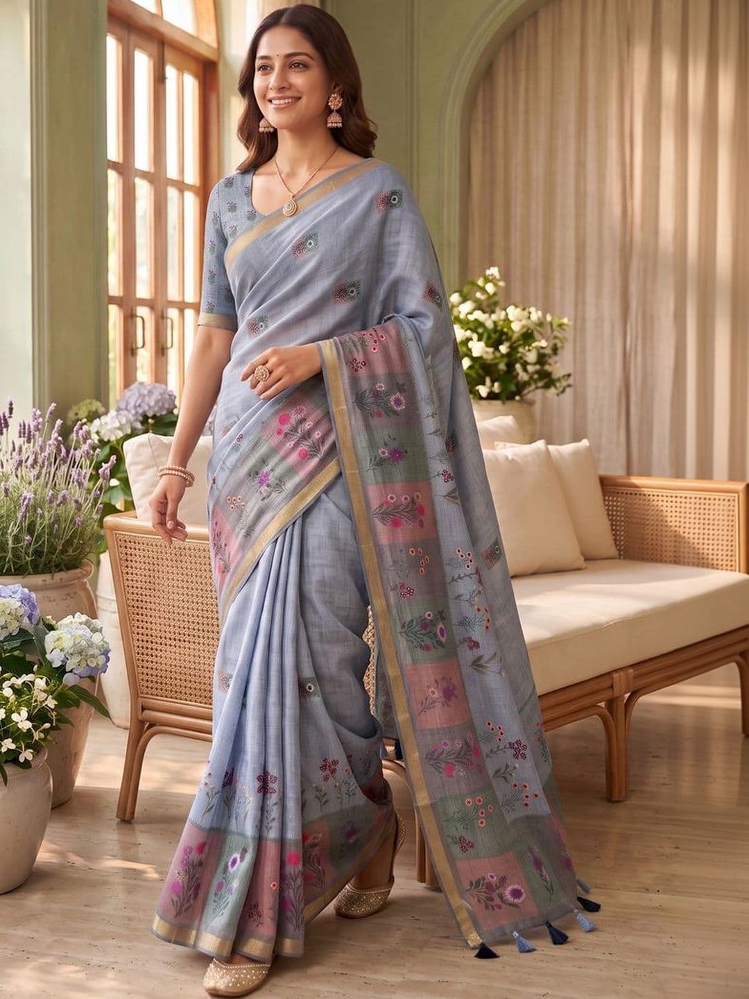Mitera Floral Linen Blend Tussar Saree - view 1