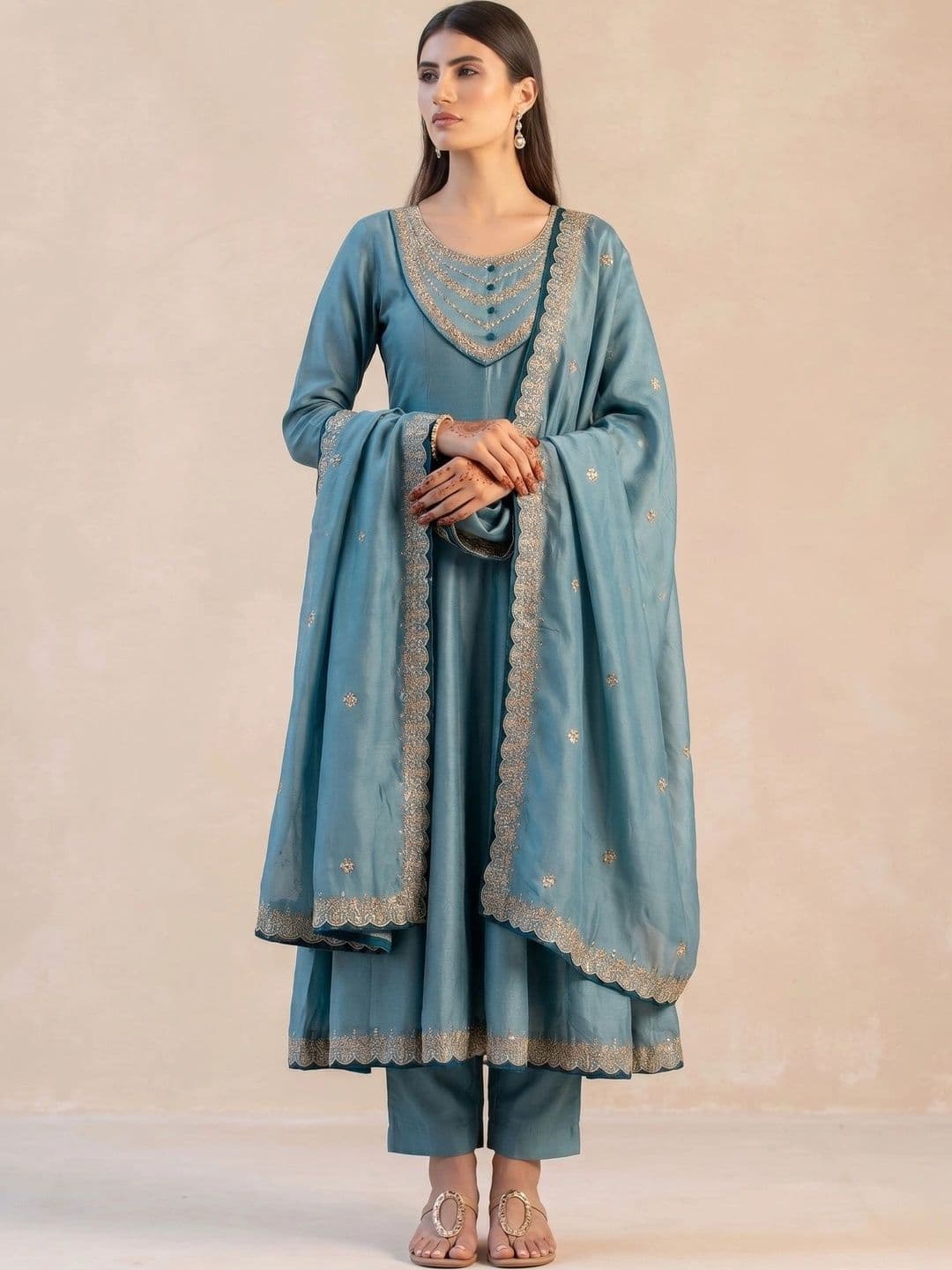KALINI Women Ethnic Motifs Embroidered Empire Dupion Silk Kurta with Trousers & Dupatta thumbnail 2