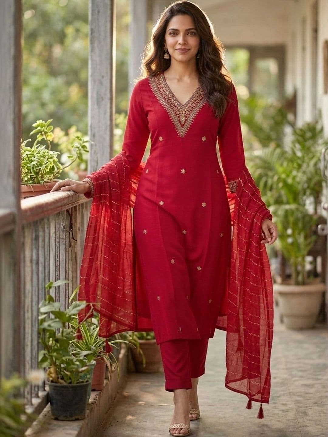 Orriya Women Ethnic Motifs Embroidered Regular Thread Work Kurta with Trousers & With Dupatta - view 1