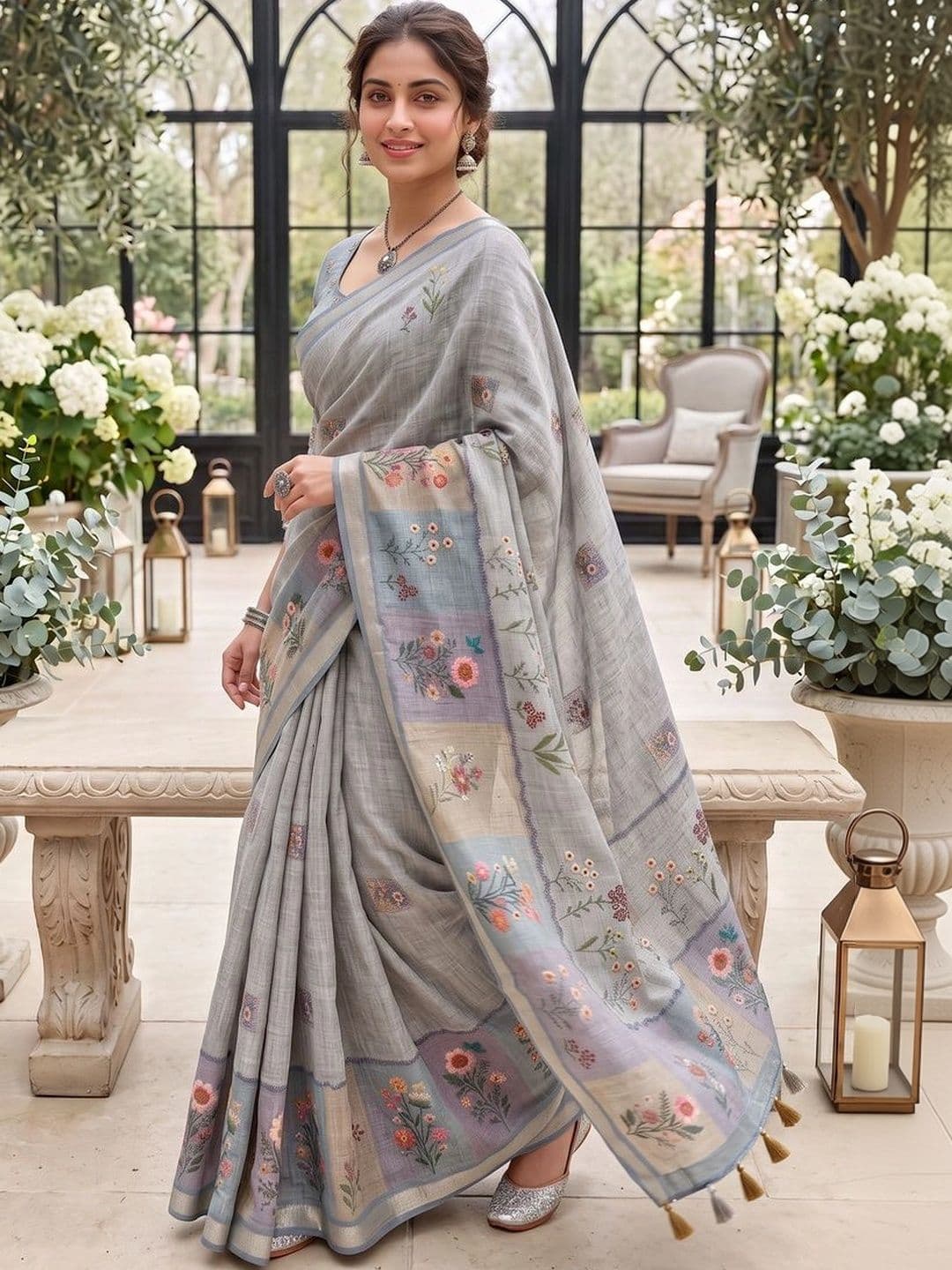Mitera Floral Embroidered Linen Blend Tussar Saree thumbnail 4