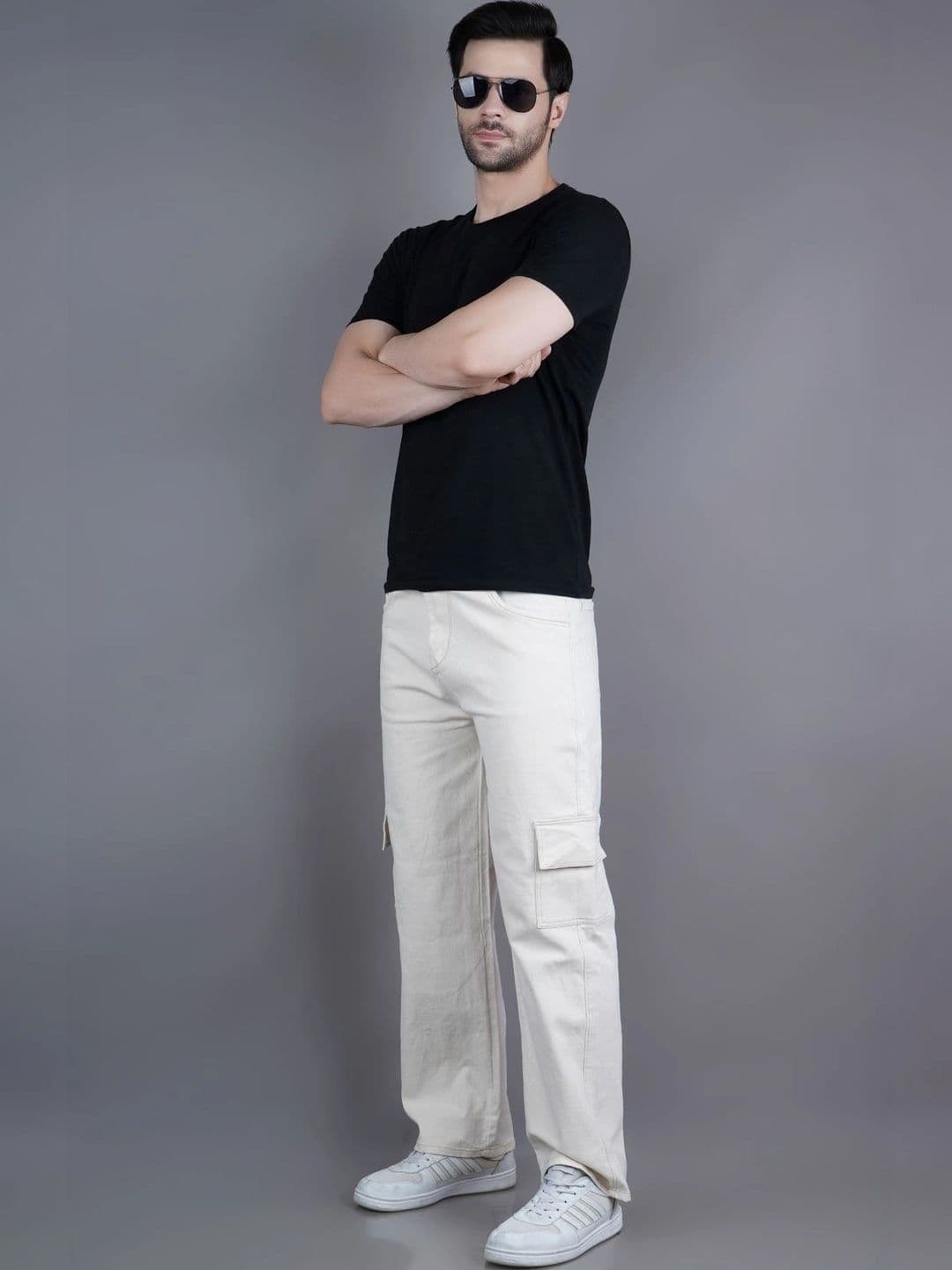 HERE&NOW Men's Mid-Rise Beige Cargo Jeans with Relaxed Straight Wide-Leg Fit thumbnail 3