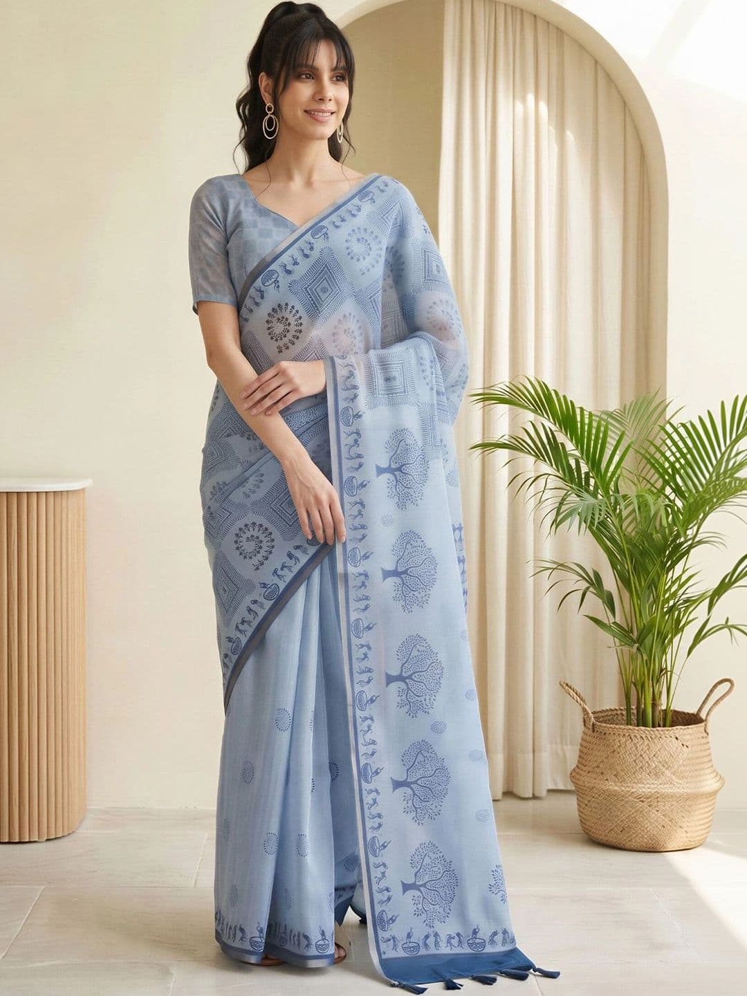 Sangria Warli Linen Blend Designer Block Print Saree thumbnail 3