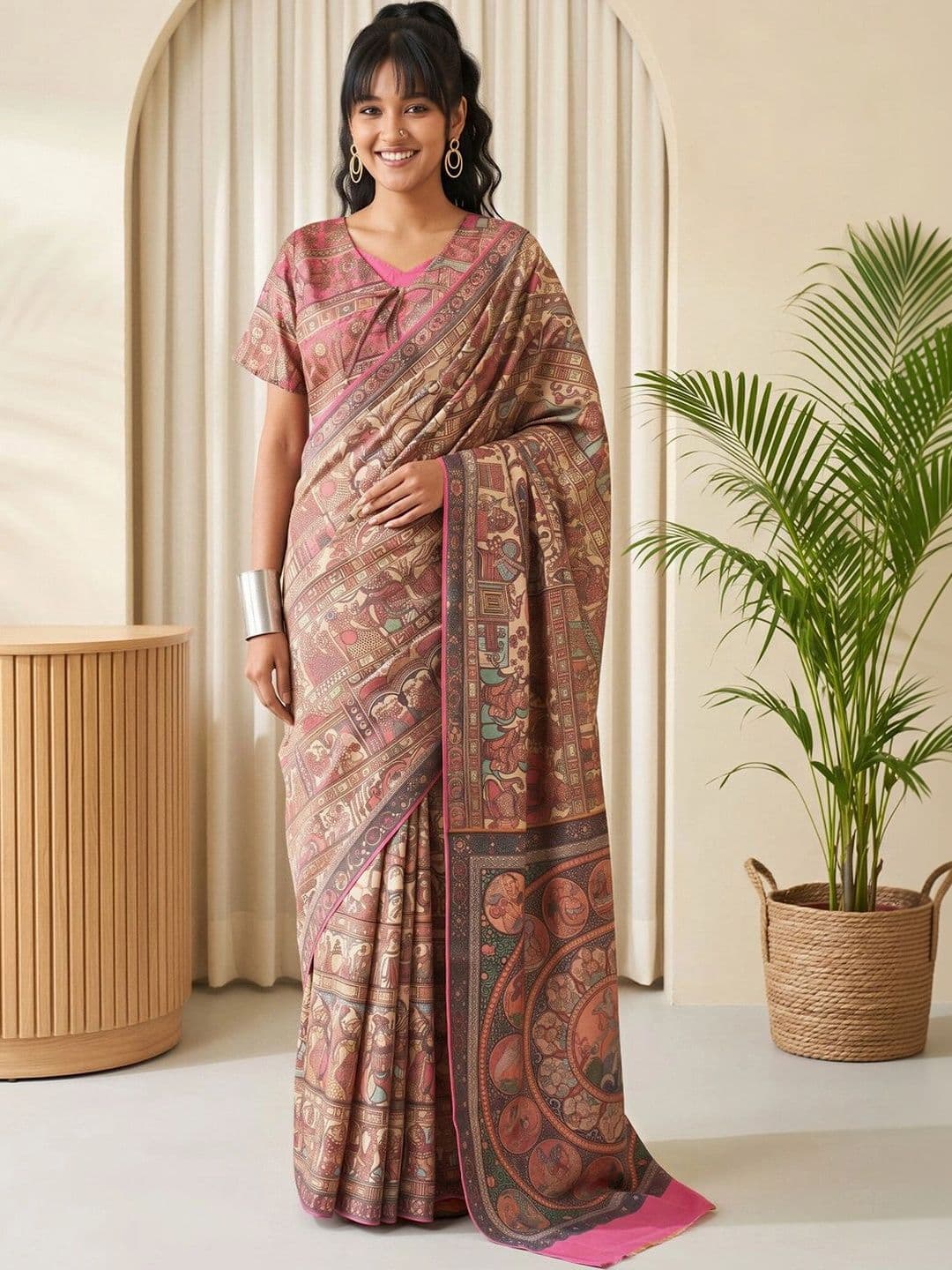 Sangria Kalamkari Silk Blend Designer Baluchari Saree thumbnail 2