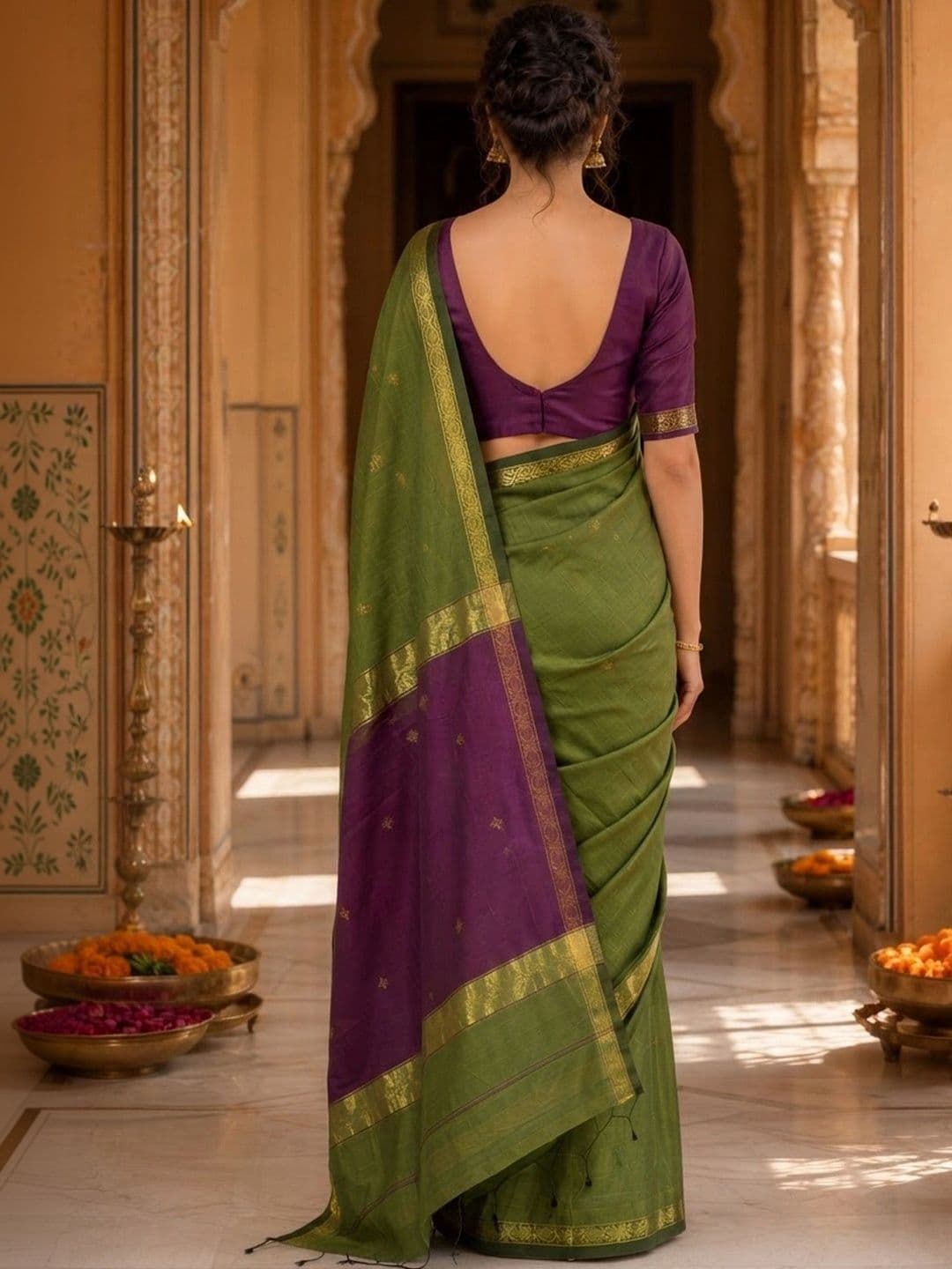 Saatika Women Cotton Solid Zari Saree with Blouse Piece thumbnail 5