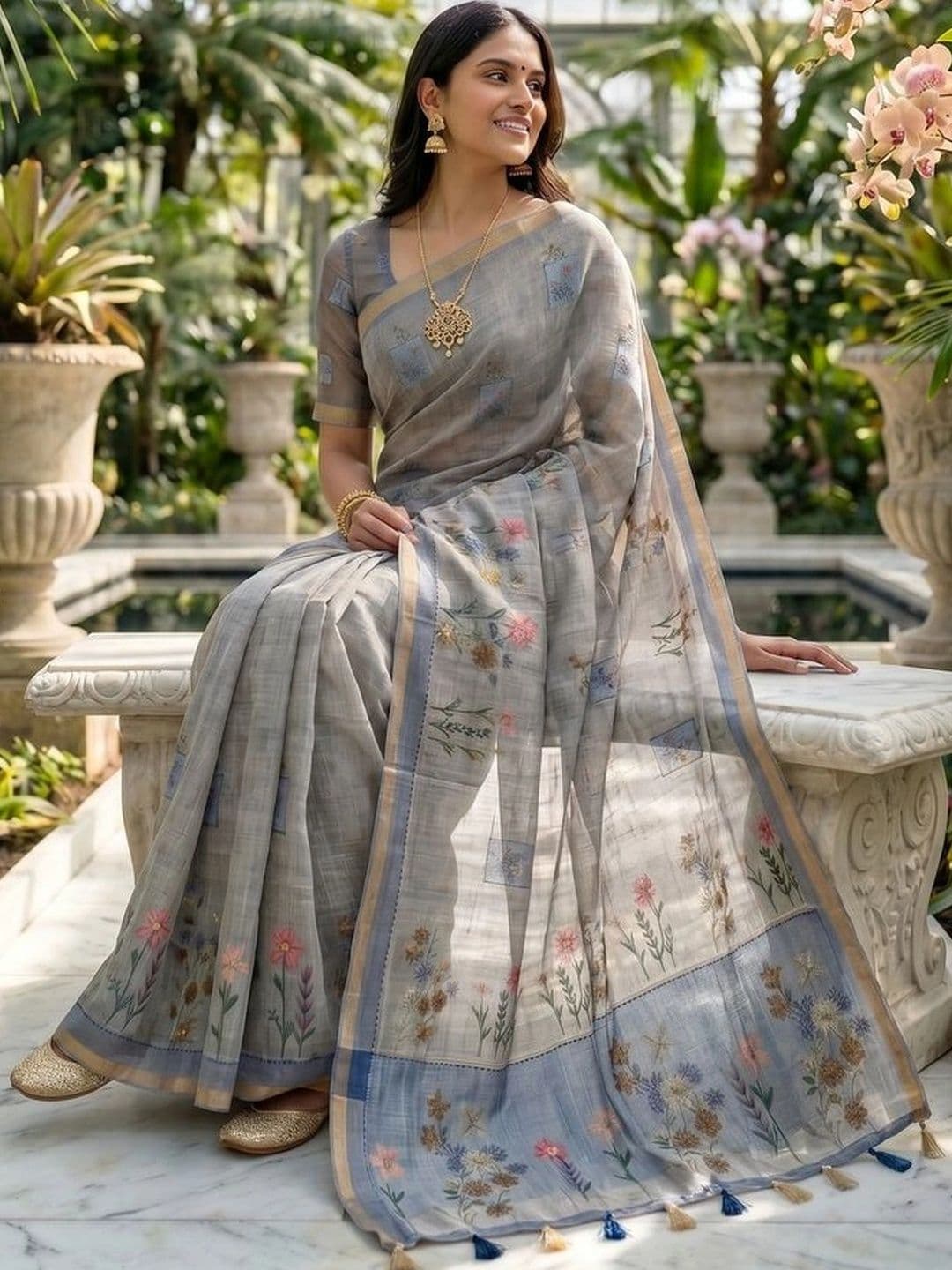 Mitera Floral Linen Blend Tussar Saree thumbnail 7