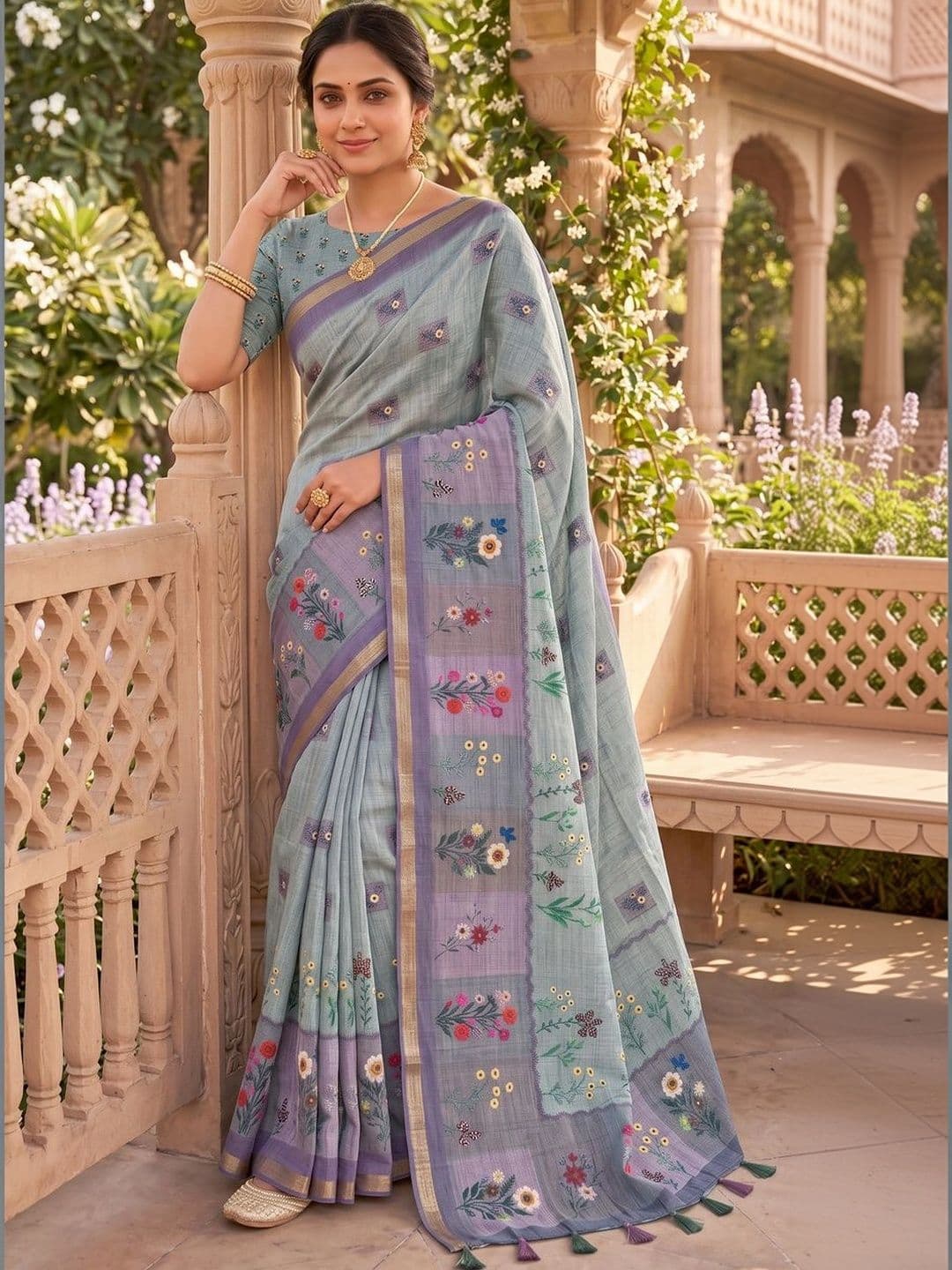 Mitera Floral Linen Blend Tussar Saree thumbnail 3