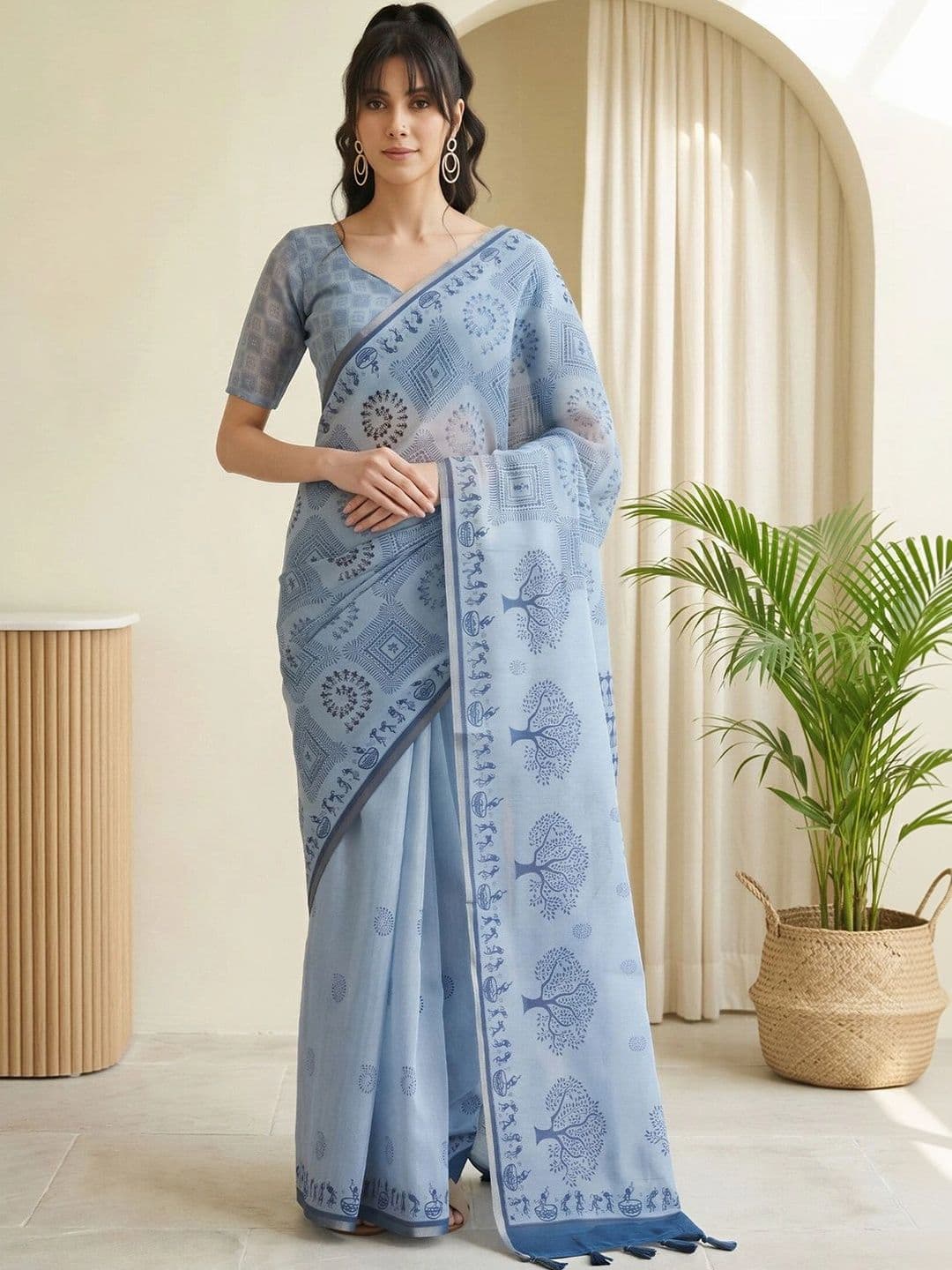 Sangria Warli Linen Blend Designer Block Print Saree - view 1
