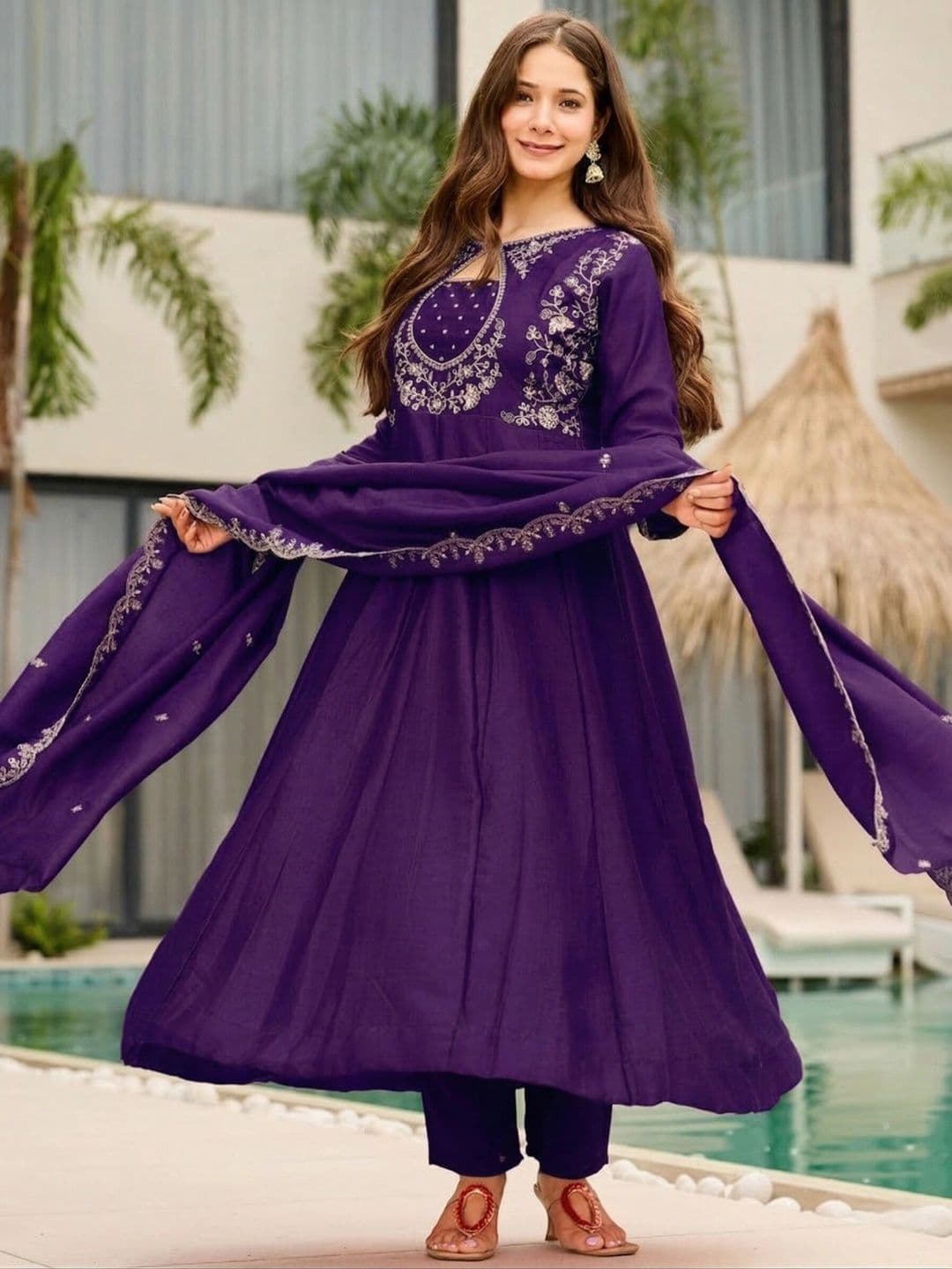 Sangria Women Ethnic Motifs Embroidered Empire Thread Work Kurta with Trousers & With Dupatta thumbnail 2