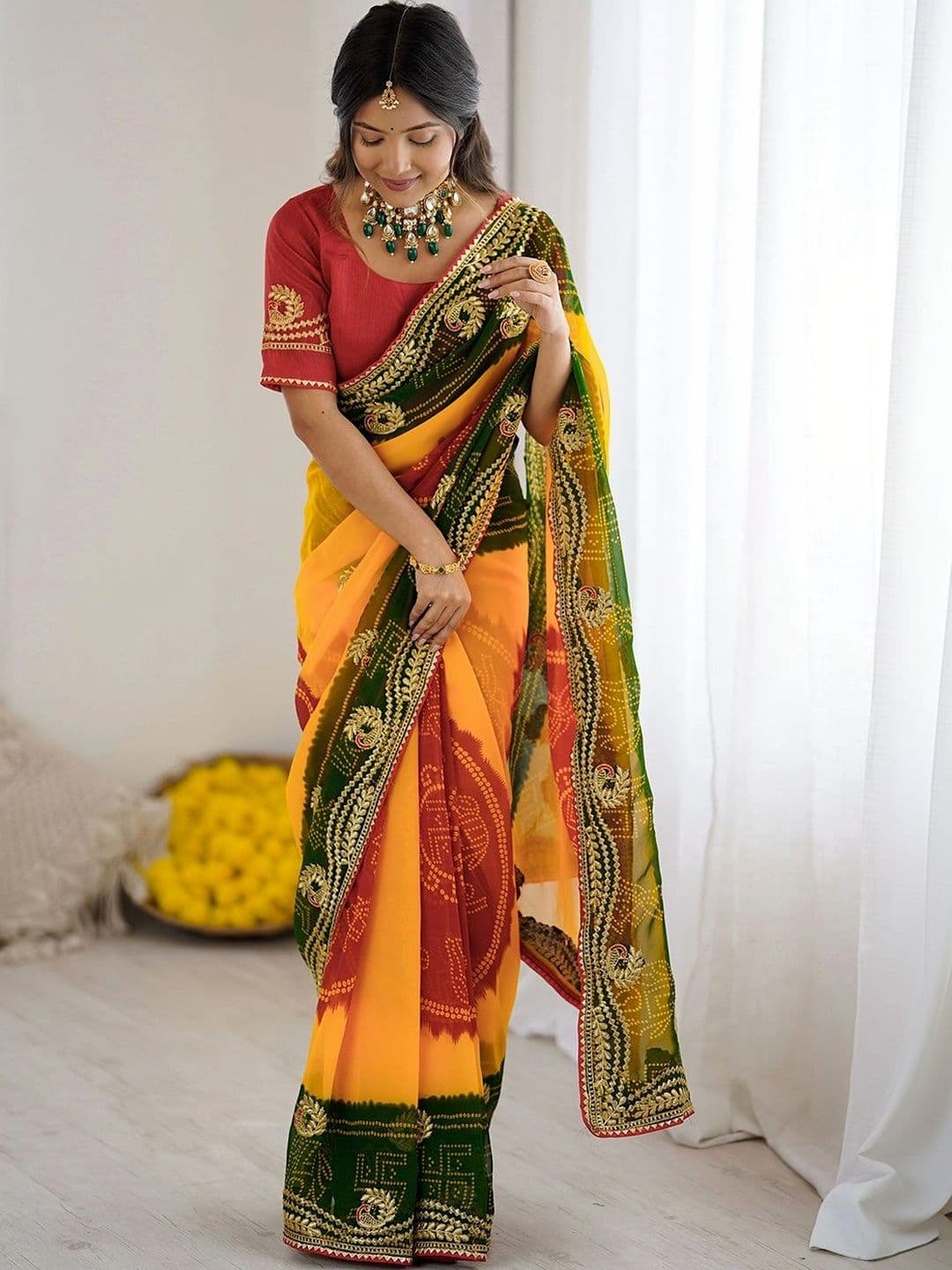SANISA Tie and Dye Embroidered Pure Georgette Saree thumbnail 3