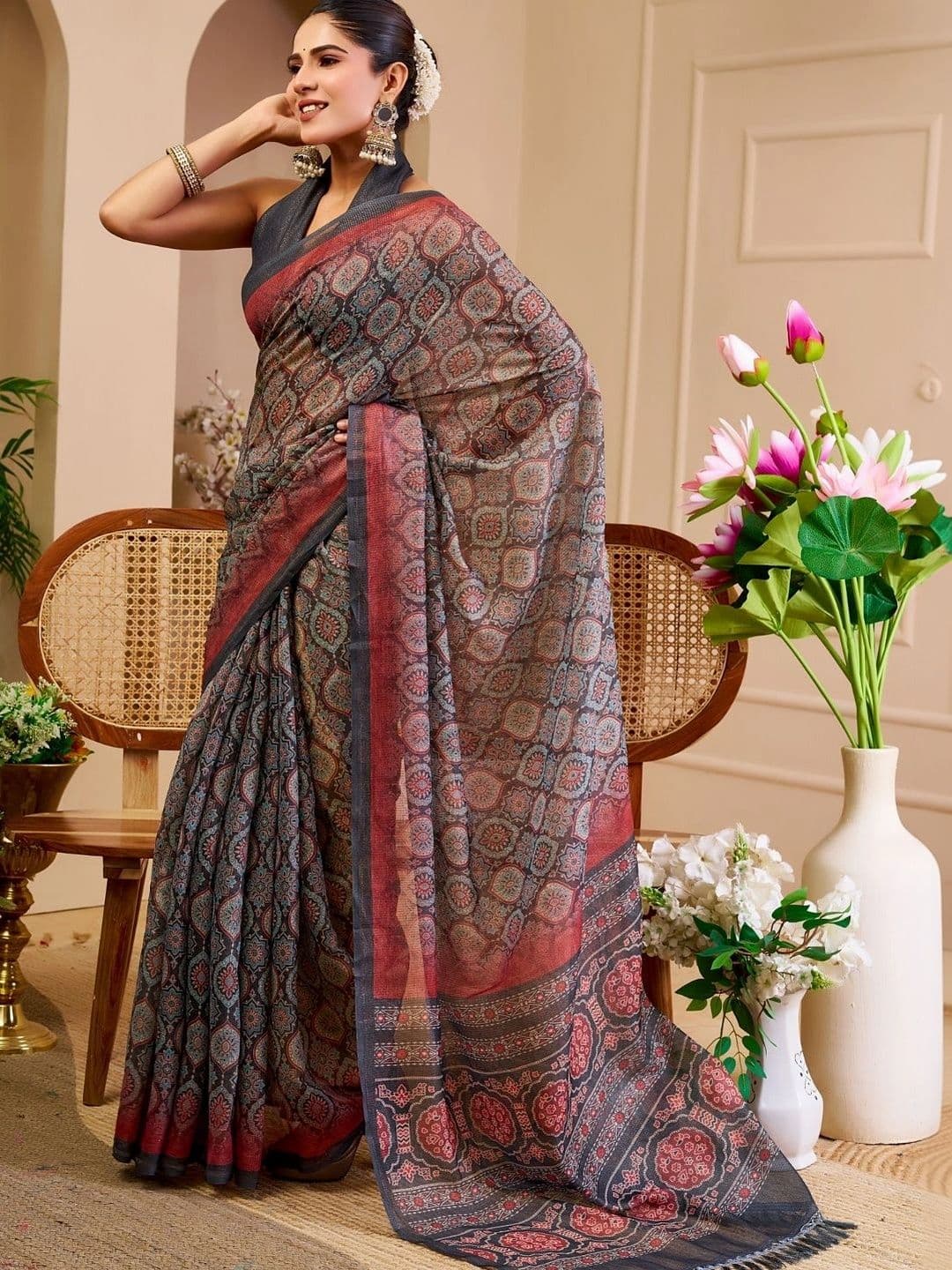 ZAMUNA Kalamkari Tissue Designer Bhagalpuri Saree thumbnail 4