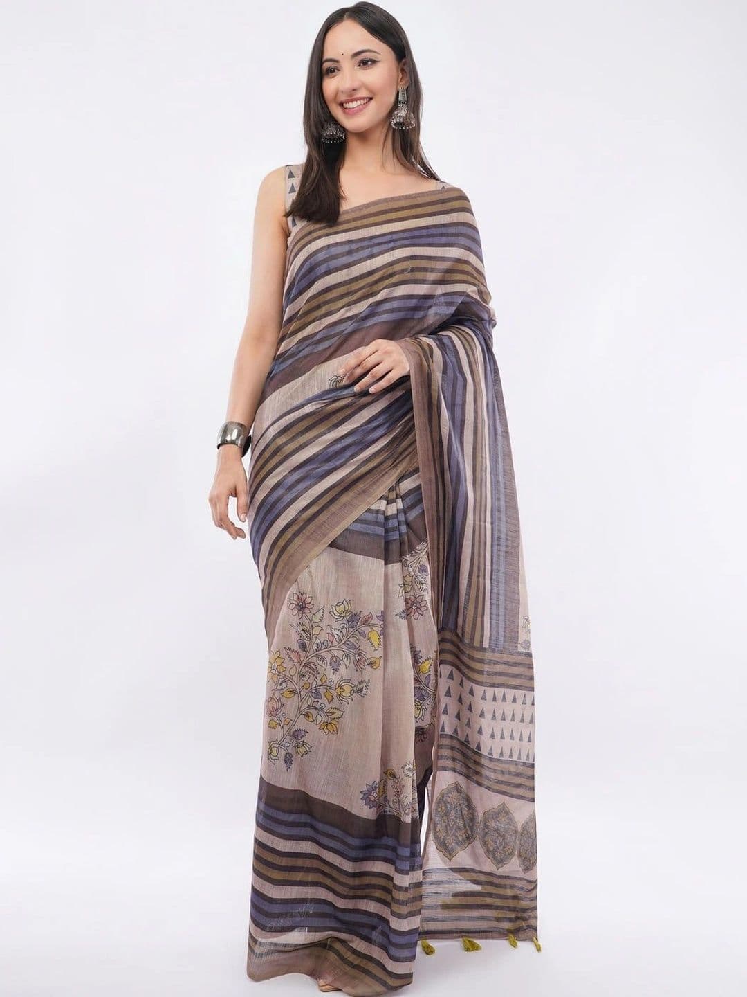 SAMANTHA Striped Linen Blend Belted Saree - view 1