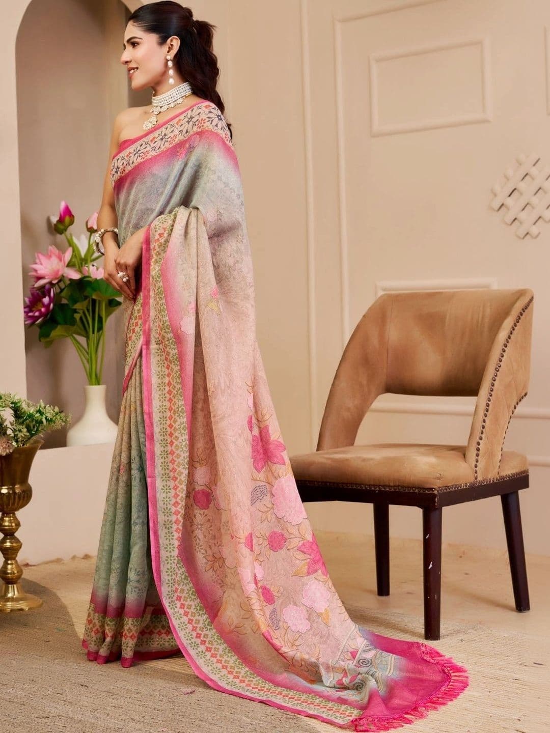 ZAMUNA Floral Tissue Designer Bhagalpuri Saree thumbnail 5