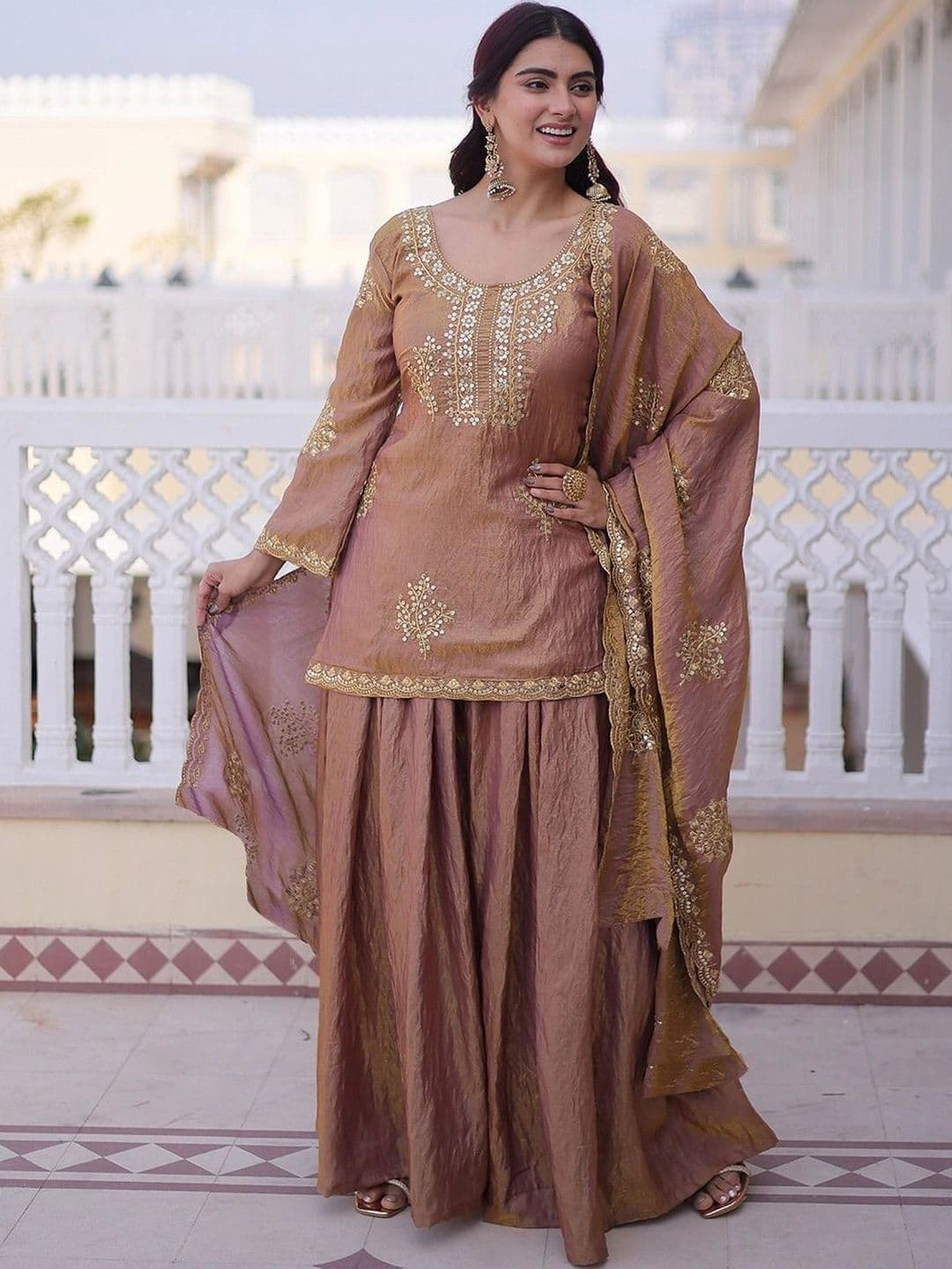 KALINI Women Embroidered Regular Dupion Silk Kurta with Sharara & With Dupatta thumbnail 5