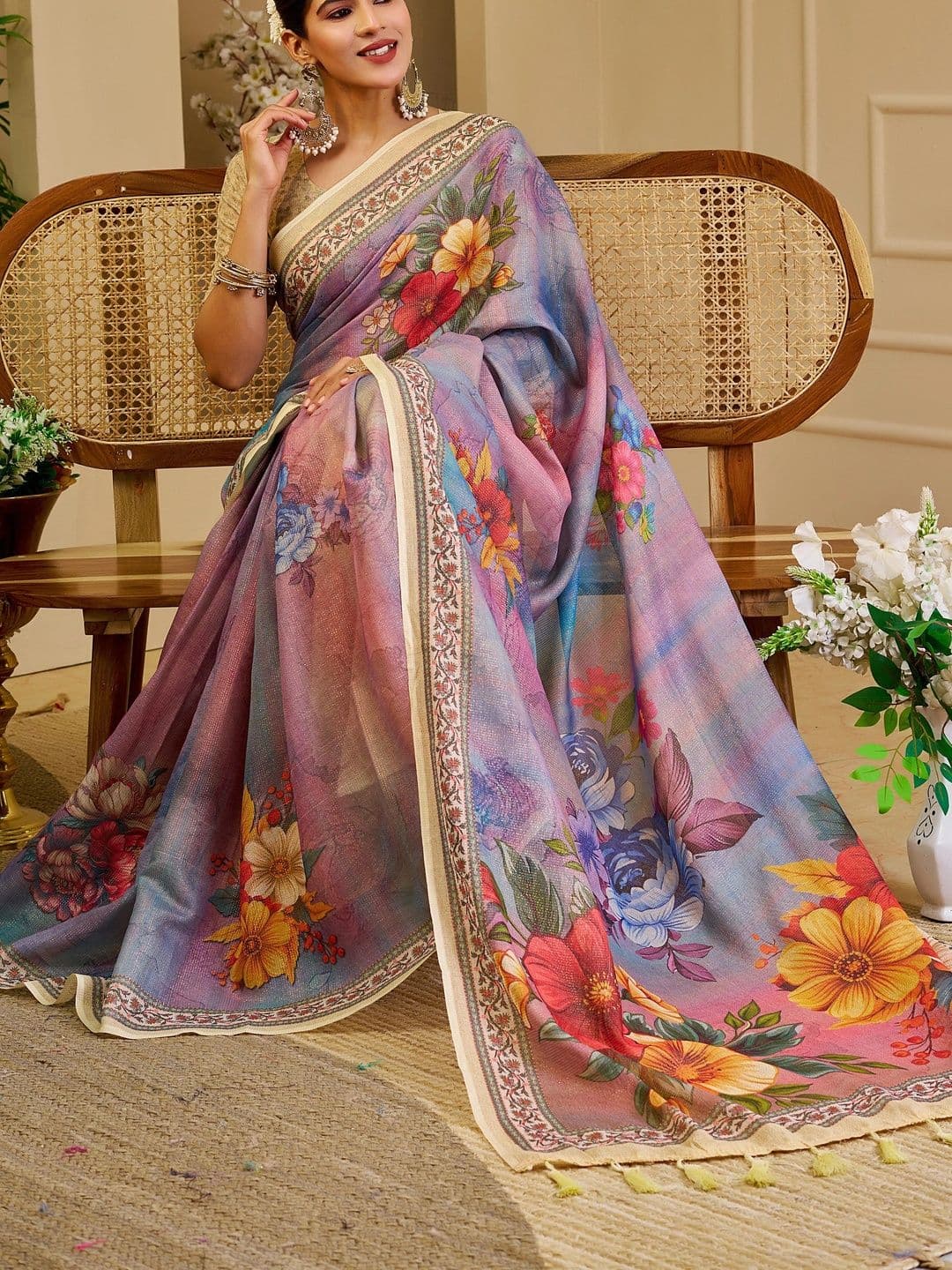 SAIYAMORI Floral Pure Cotton Fusion Saree thumbnail 3