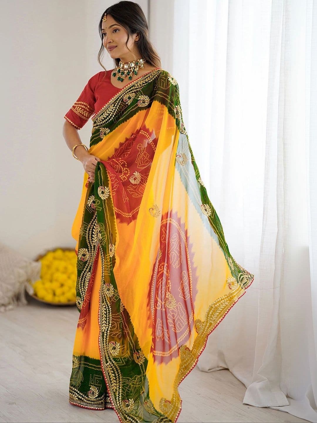 SANISA Tie and Dye Embroidered Pure Georgette Saree thumbnail 7