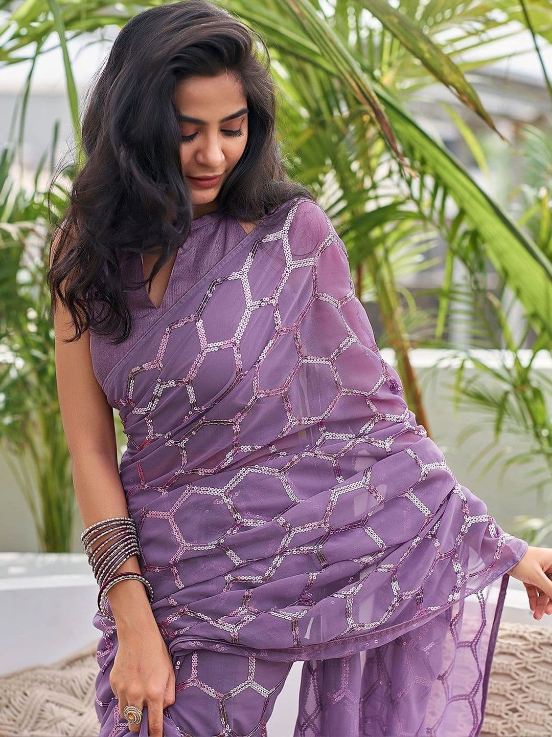 SANISA Ethnic Motifs Sequinned Pure Georgette Saree thumbnail 3