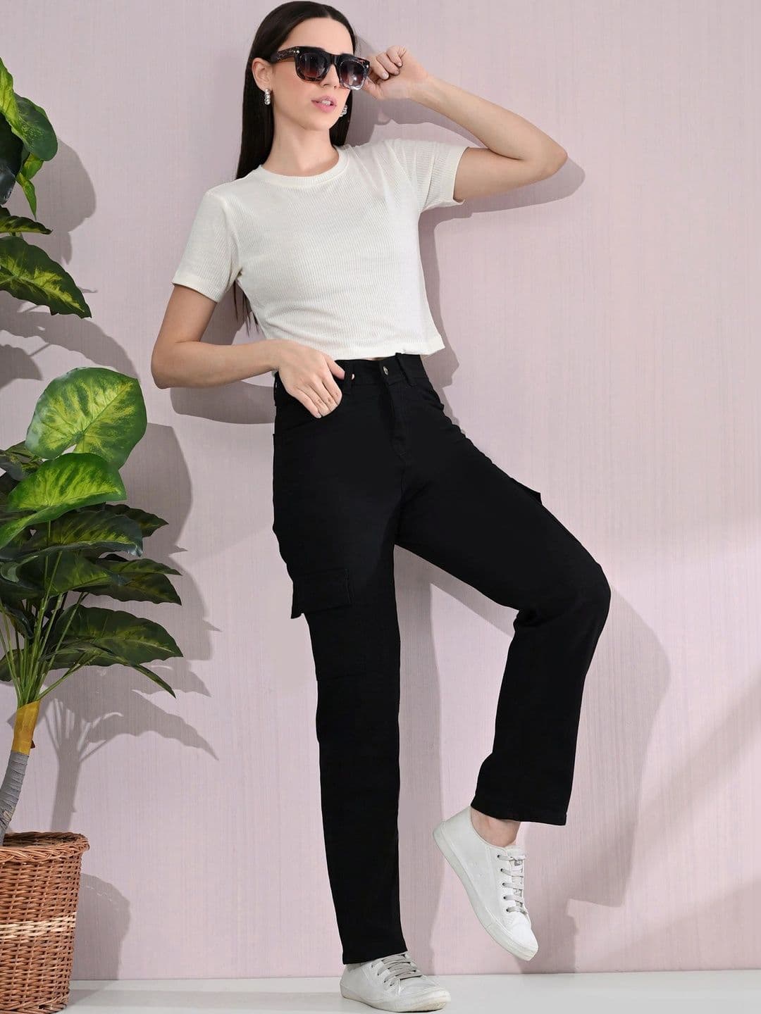 HERE&NOW Women's Jet Black Mid-Rise Straight Leg Cargo Jeans thumbnail 3