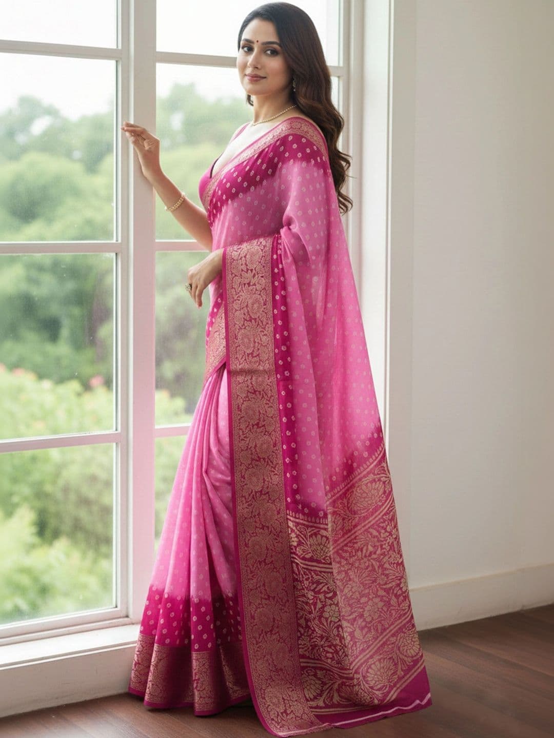 BOLOKA Bandhani Zari Art Silk Designer Banarasi Saree thumbnail 3