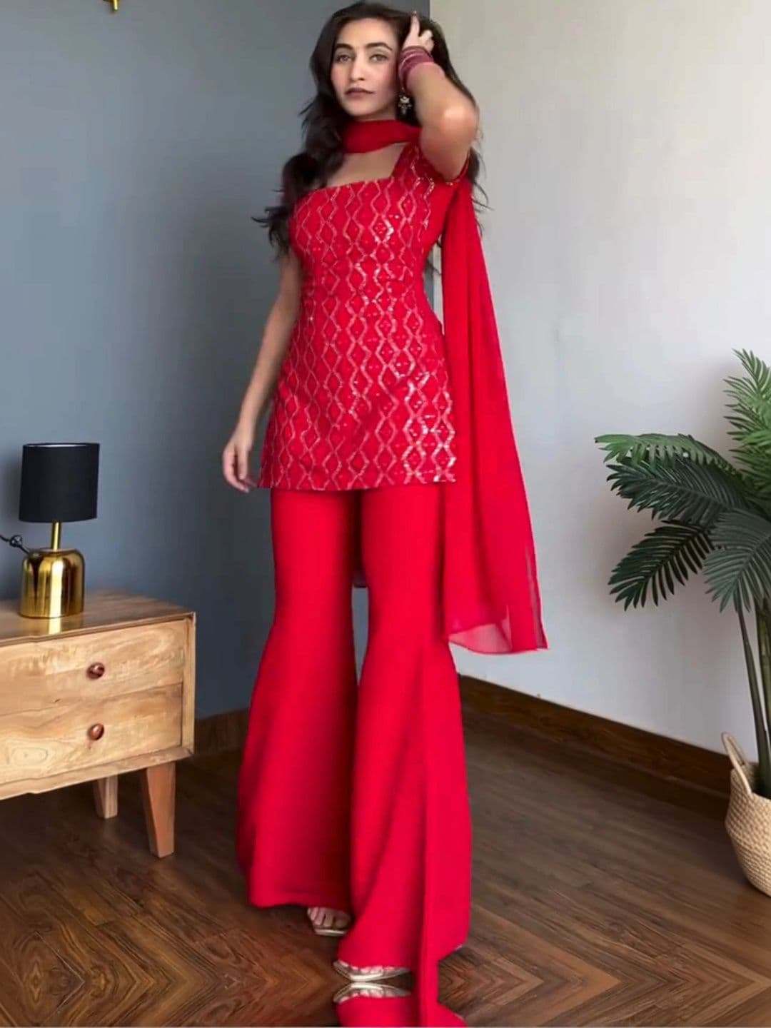 HERE&NOW Women Ethnic Motifs Embroidered Regular Sequinned Kurta with Palazzos & With Dupatta thumbnail 4