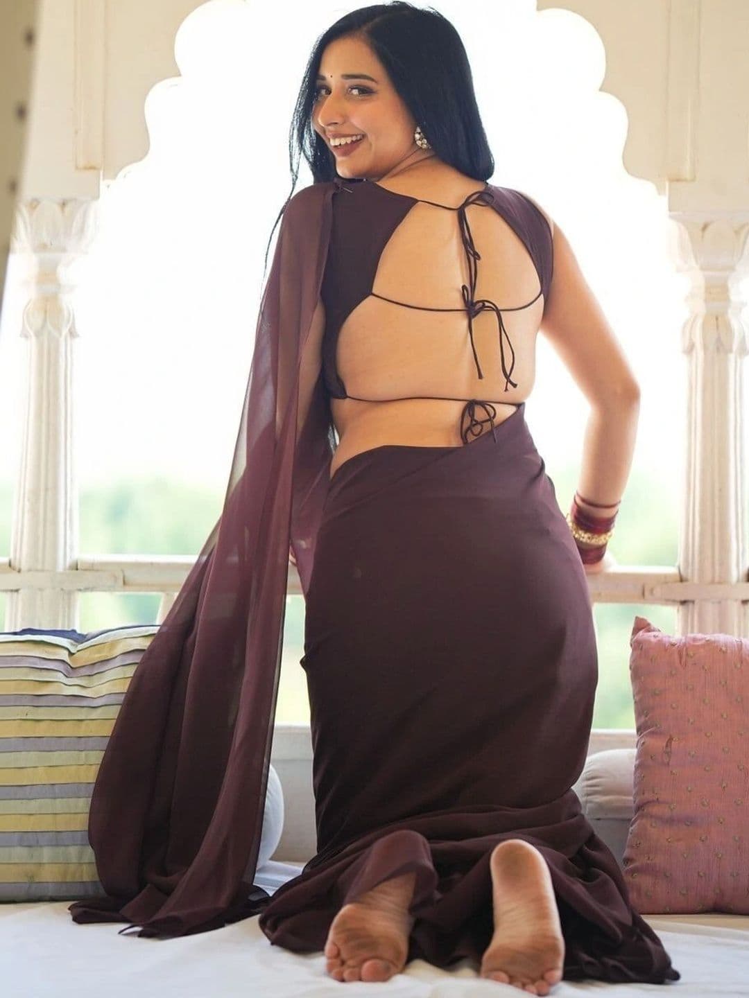 Sangria Poly Georgette Designer Maheshwari Saree thumbnail 3