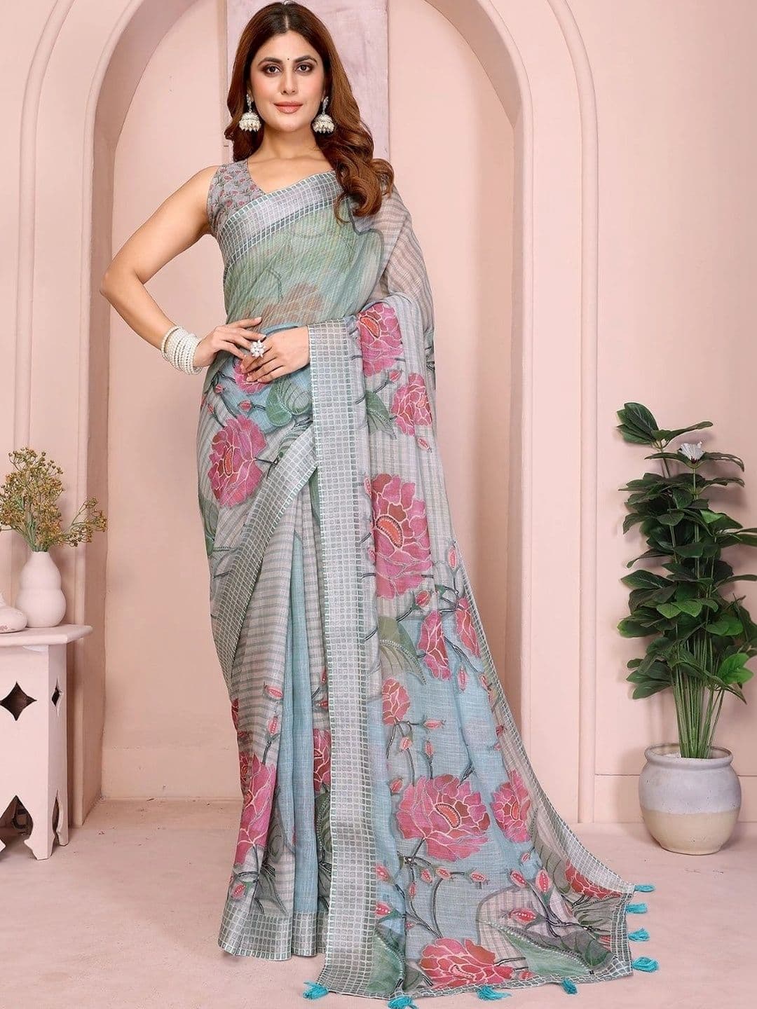Kesarii Floral Linen Blend Saree - view 1