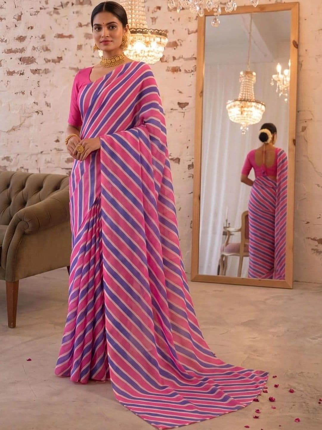 SAMANTHA Striped Poly Georgette Leheriya Saree - view 1
