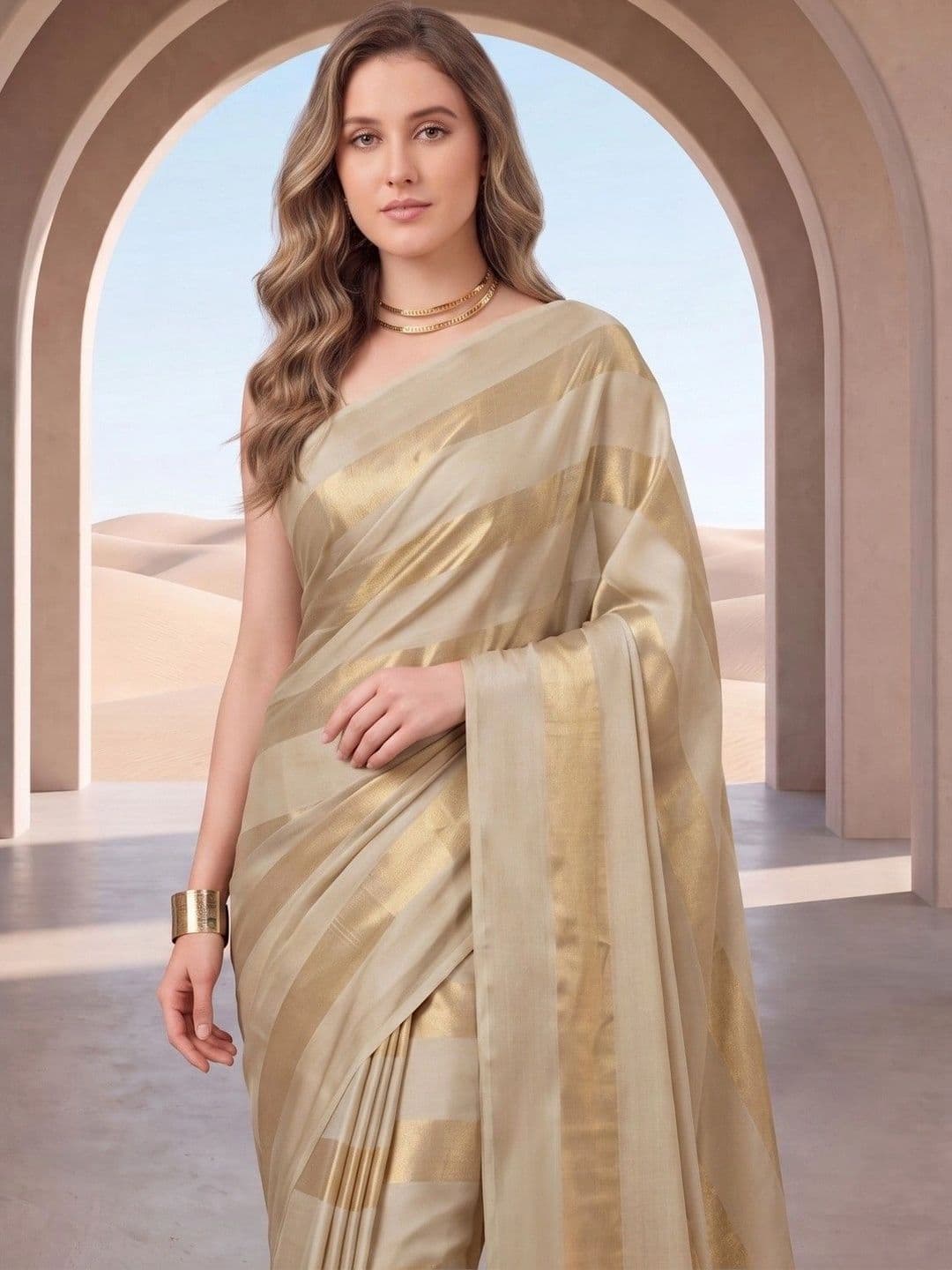 House of Vived Striped Zari Silk Blend Designer Saree thumbnail 4