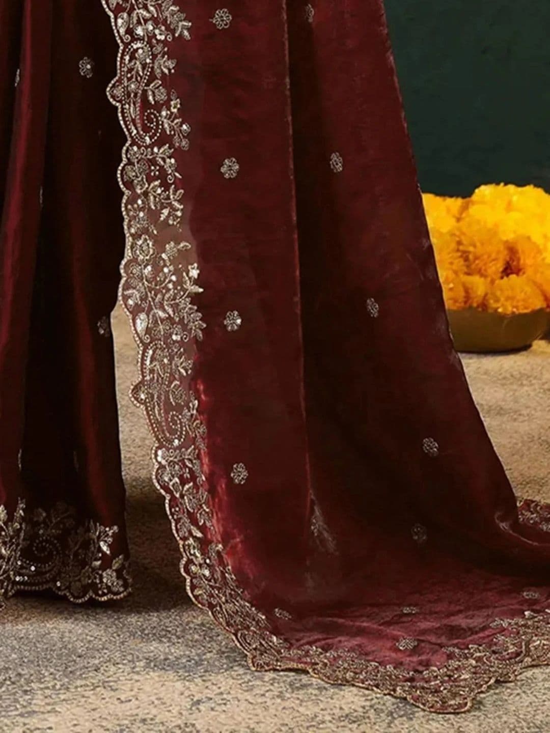 Sangria Floral Embroidered Organza Leheriya Saree thumbnail 6