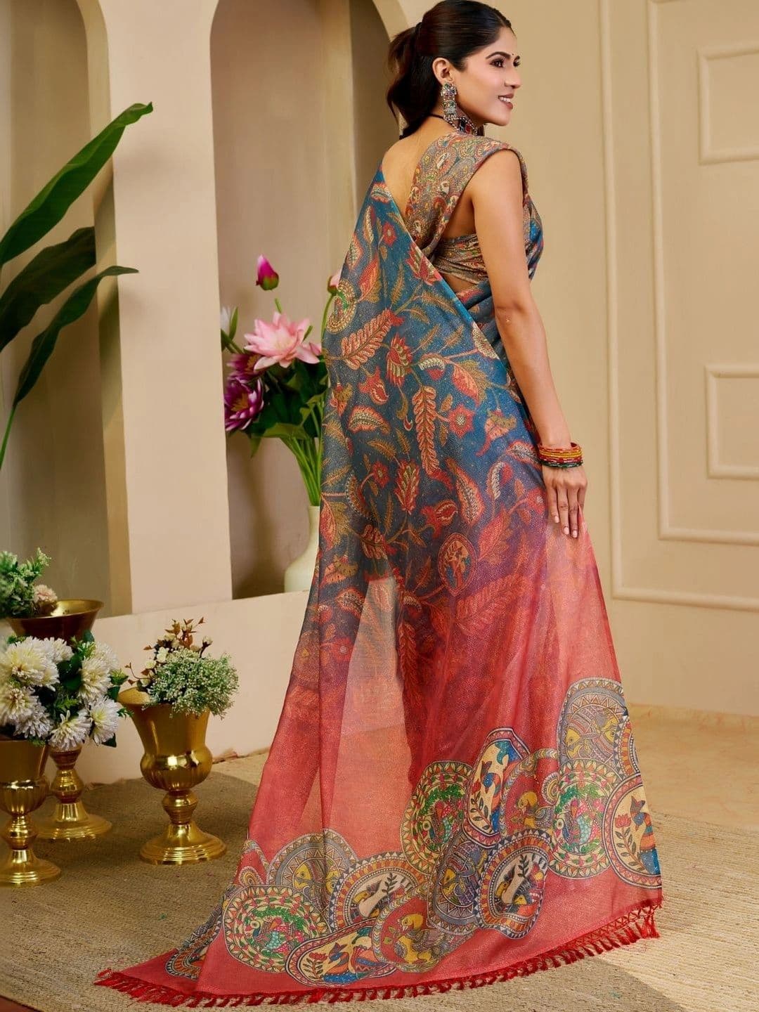 ZAMUNA Women Kalamkari Tissue Designer Bhagalpuri Saree thumbnail 4
