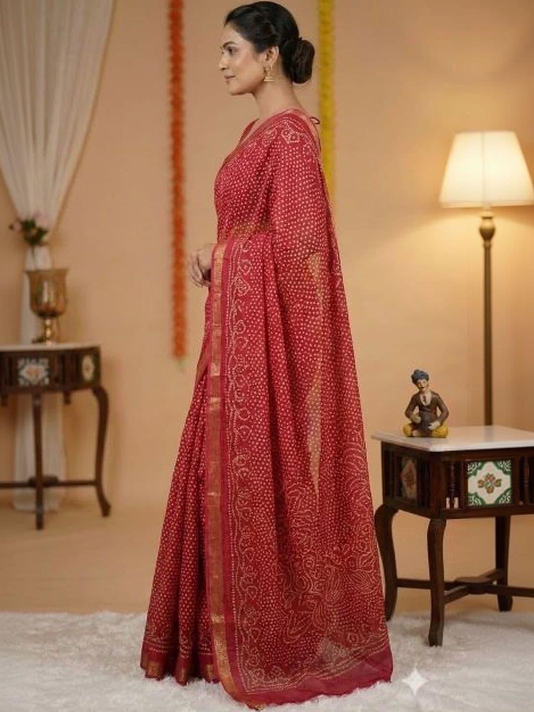 KALINI Bandhani Zari Pure Georgette Fusion Saree thumbnail 7